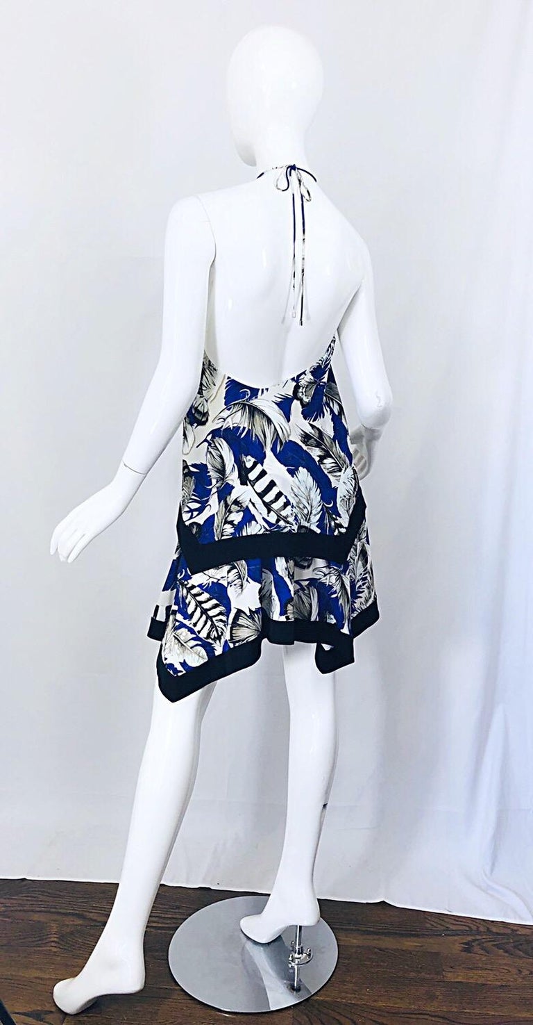ROBERTO CAVALLI 1990s Cobalt Blue Feathers + Rhinestone 90s Handkerchief Dress For Sale 3