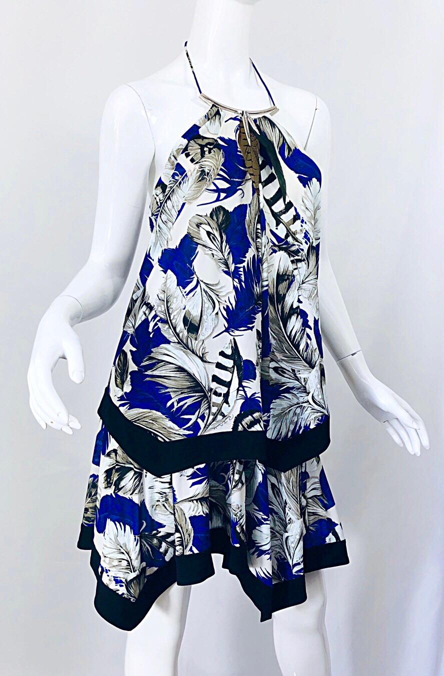 ROBERTO CAVALLI 1990s Cobalt Blue Feathers + Rhinestone 90s Handkerchief Dress For Sale 1