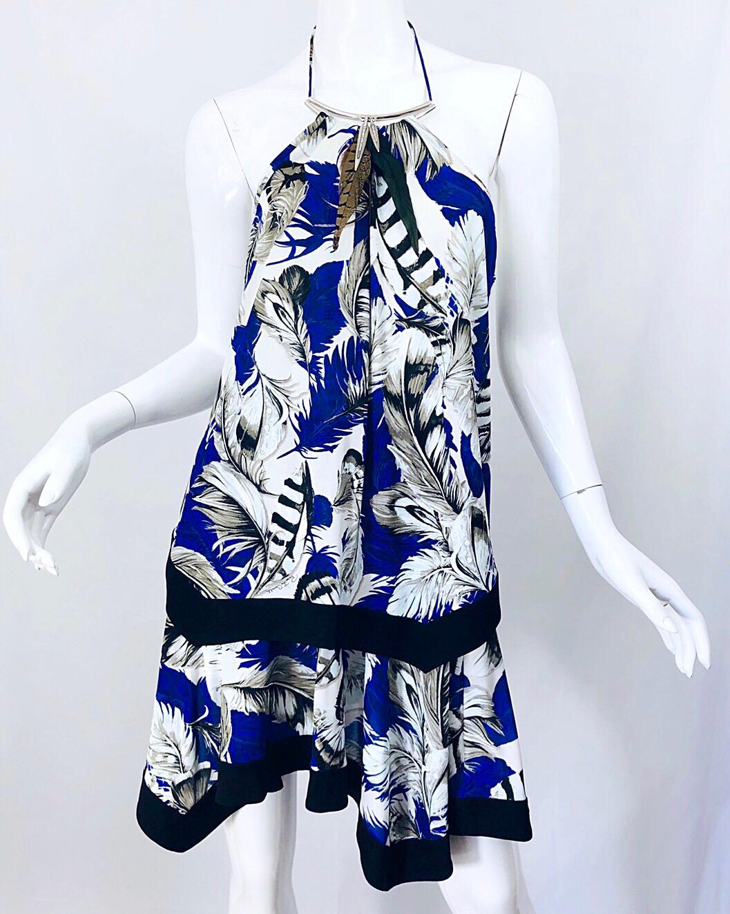 ROBERTO CAVALLI 1990s Cobalt Blue Feathers + Rhinestone 90s Handkerchief Dress For Sale 2