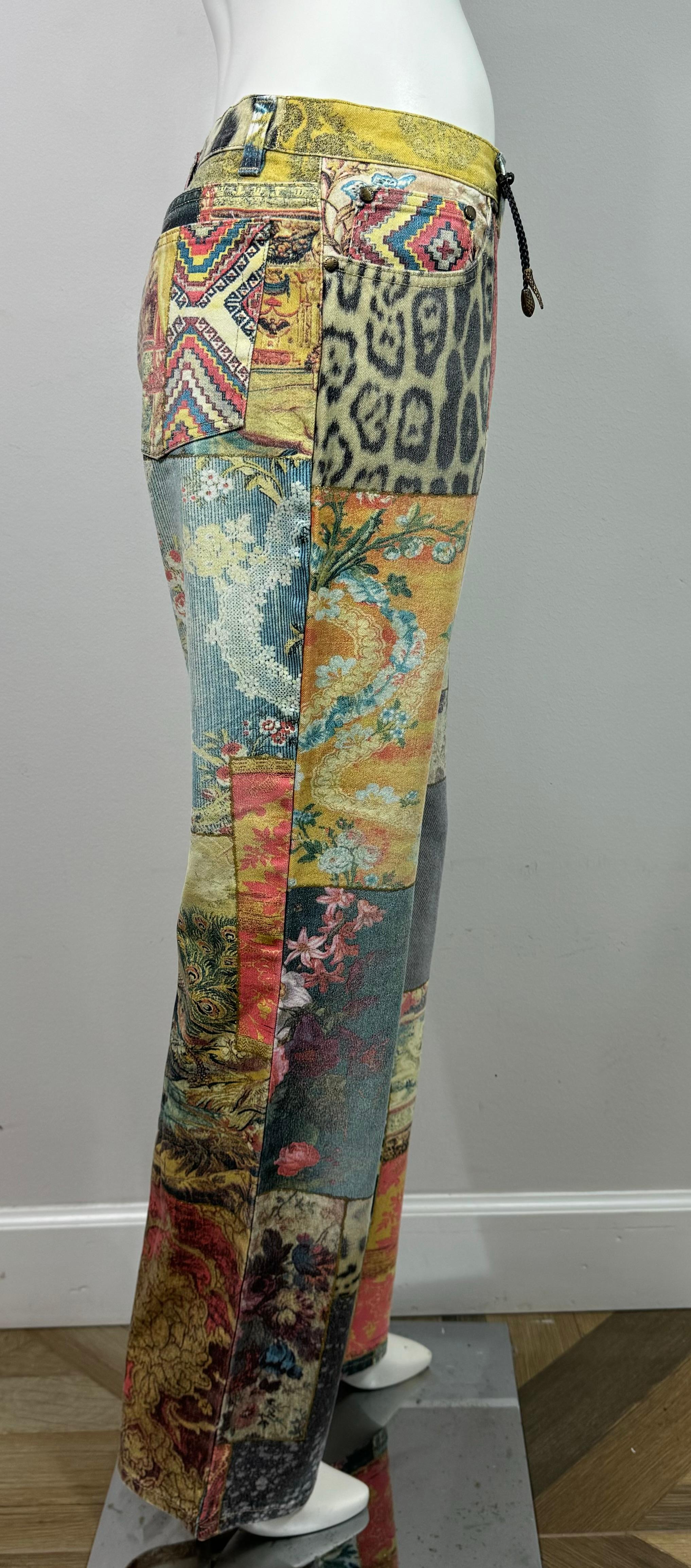Roberto Cavalli Early 2000’s Multi Patchwork Print Mid Rise Jeans-Size Large 5