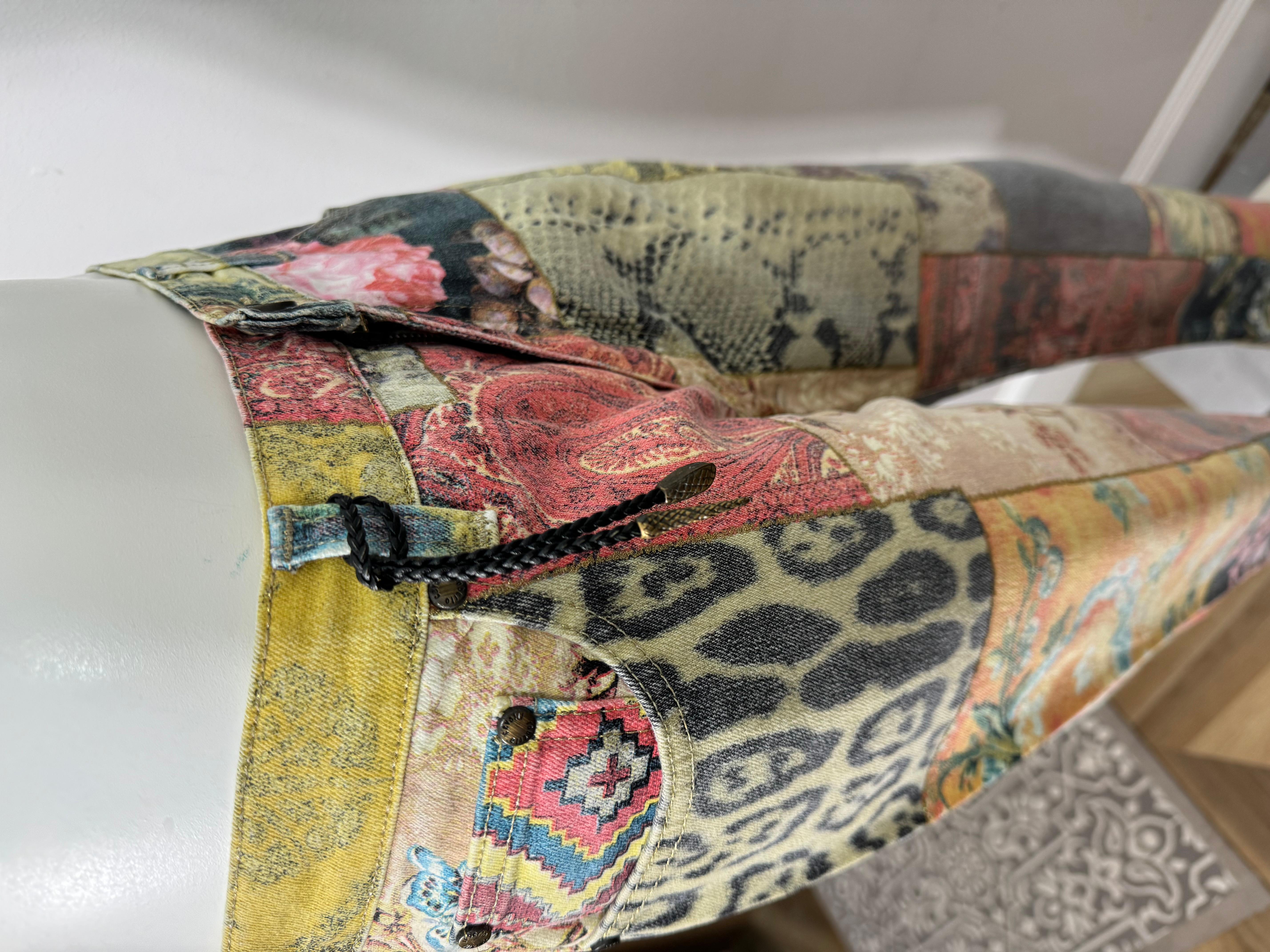 Roberto Cavalli Early 2000’s Multi Patchwork Print Mid Rise Jeans-Size Large 7