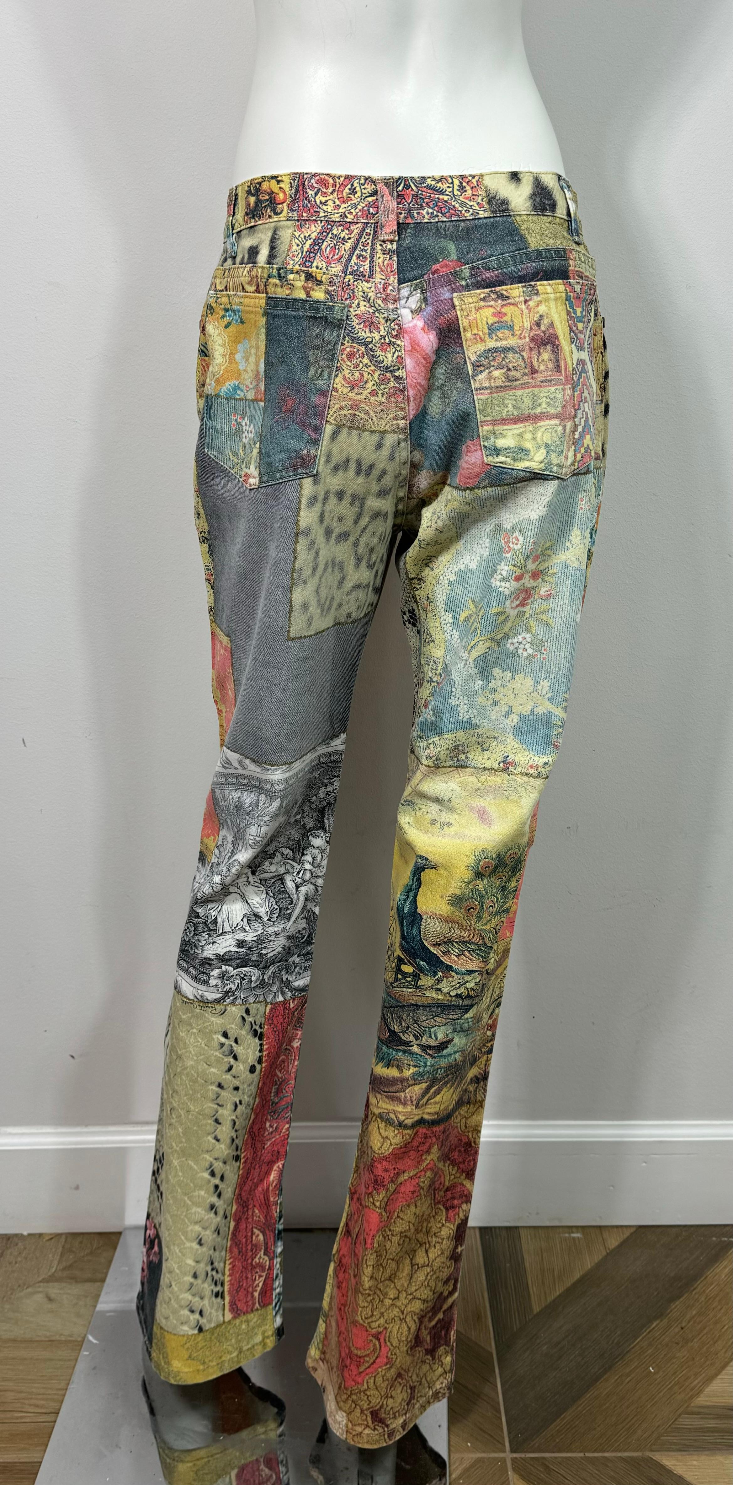 Roberto Cavalli Early 2000’s Multi Patchwork Print Mid Rise Jeans-Size Large 8