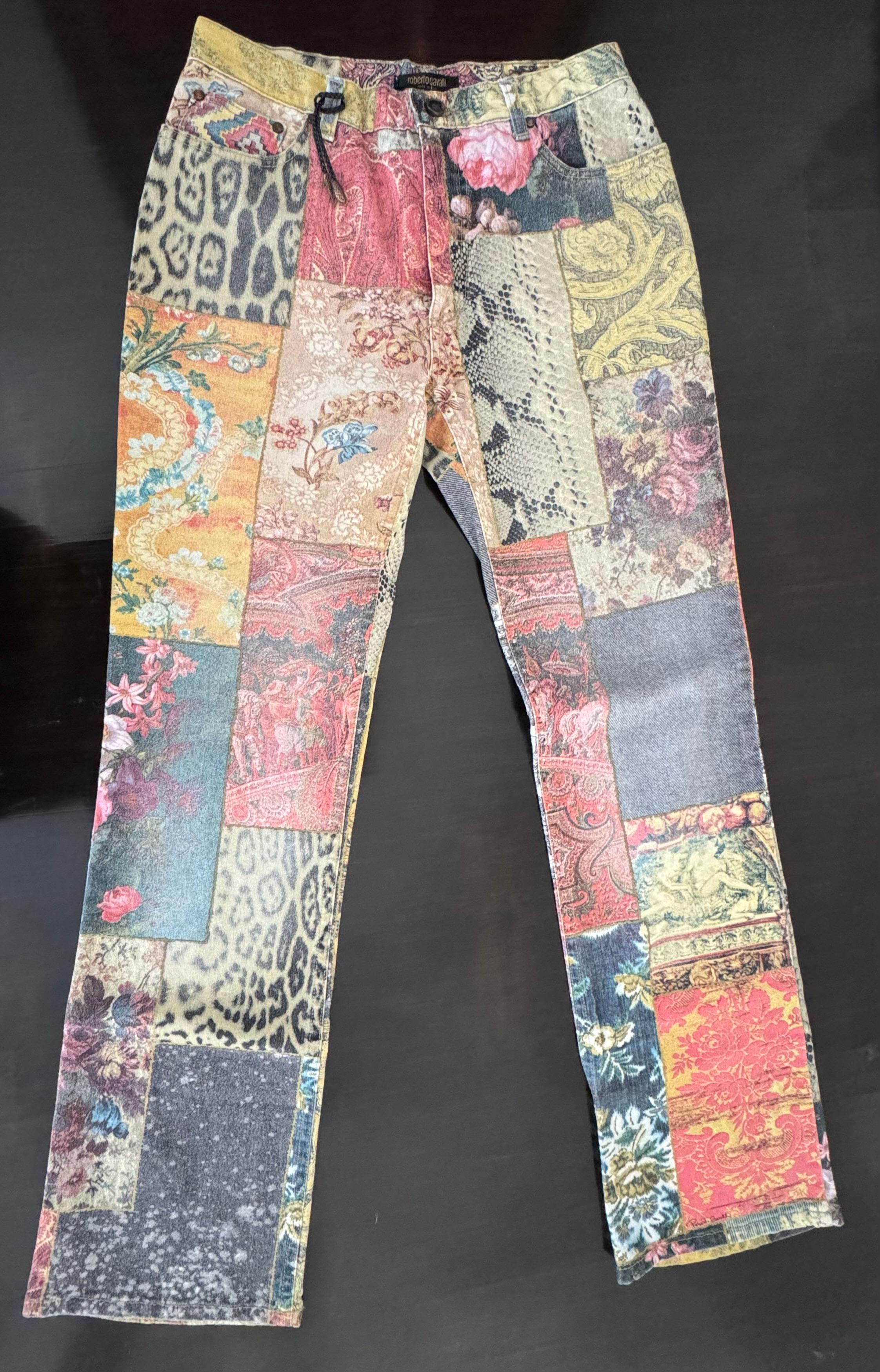 Roberto Cavalli Early 2000’s Multi Patchwork Print Mid Rise Jeans-Size Large These iconic Cavalli Printed Jean design from the late 90’s are a true collectors piece. The pants are multi colored with a patchwork design of various different prints