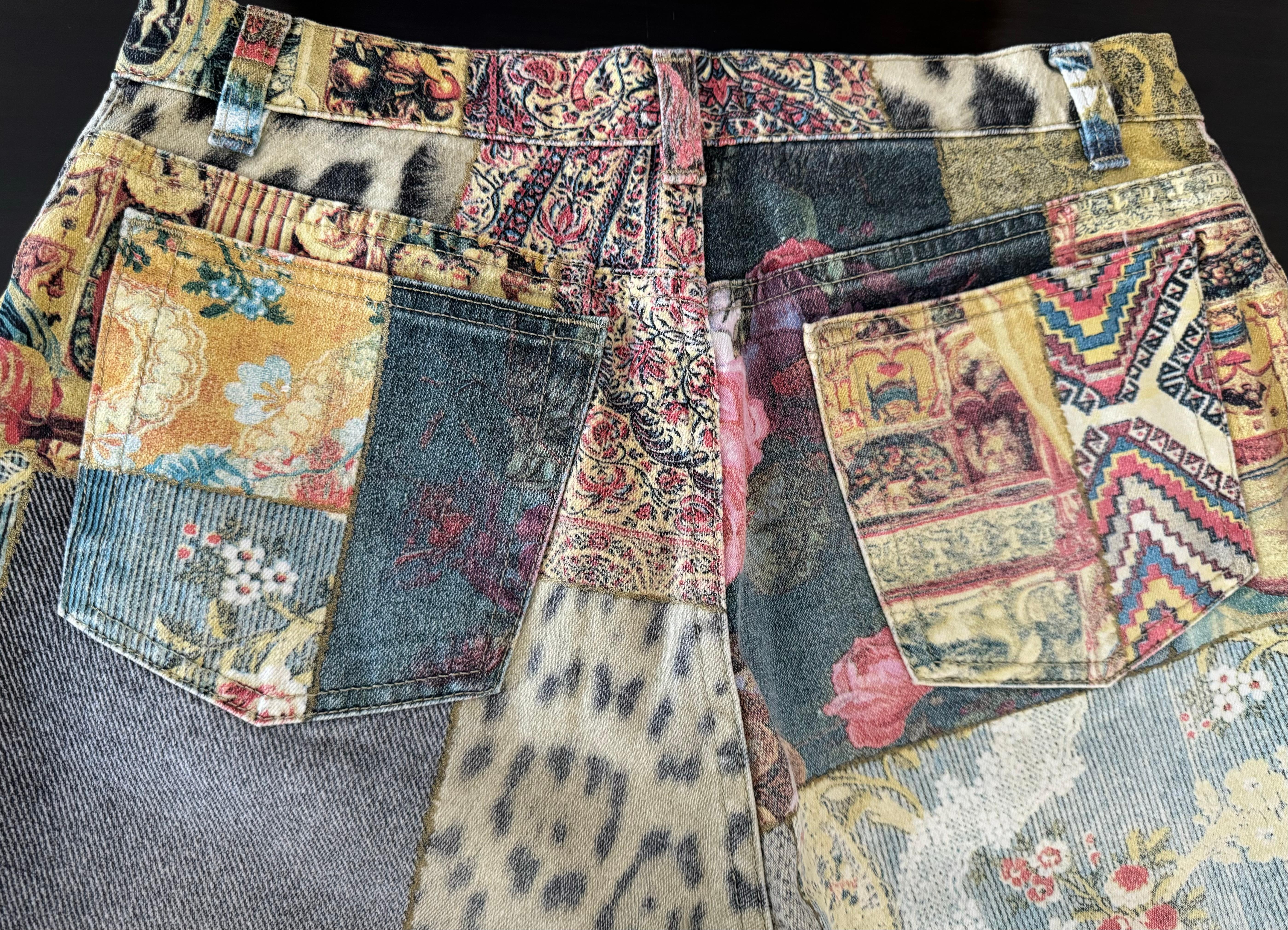 Roberto Cavalli Early 2000’s Multi Patchwork Print Mid Rise Jeans-Size Large 2