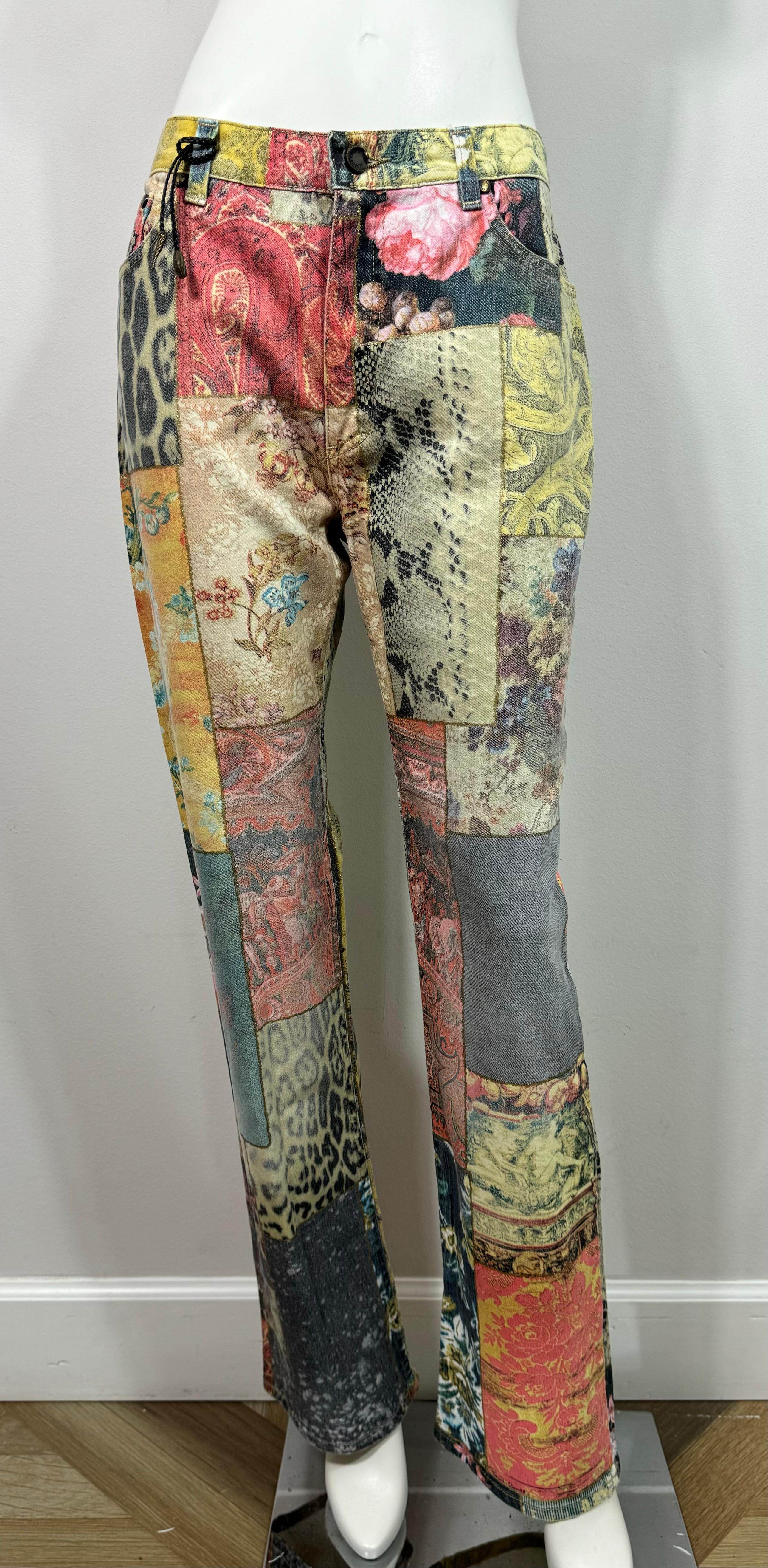 Roberto Cavalli Early 2000’s Multi Patchwork Print Mid Rise Jeans-Size Large 3