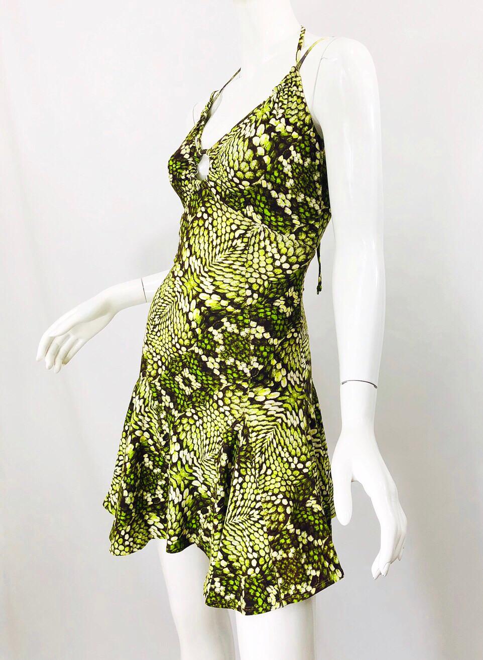 Roberto Cavalli Early 2000s Neon Green Reptile Print Sexy Cut - Out Mini Dress In Excellent Condition In San Diego, CA