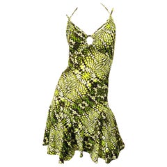 Roberto Cavalli Early 2000s Neon Green Reptile Print Sexy Cut - Out Mini Dress