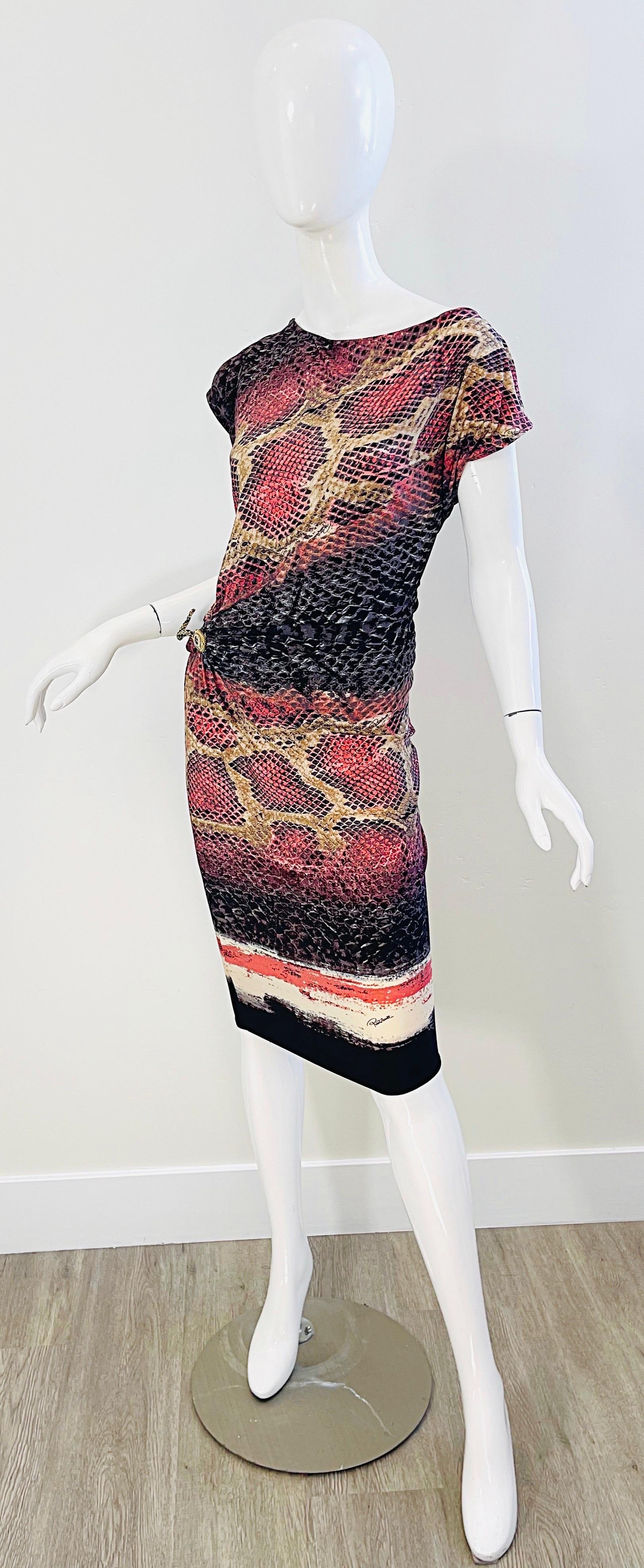 Roberto Cavalli Early 2000s Pink Brown Snake Skin Animal Print Y2K Slinky Dress For Sale 3