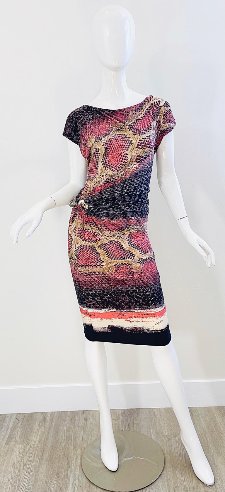 Roberto Cavalli Early 2000s Pink Brown Snake Skin Animal Print Y2K Slinky Dress  For Sale 12