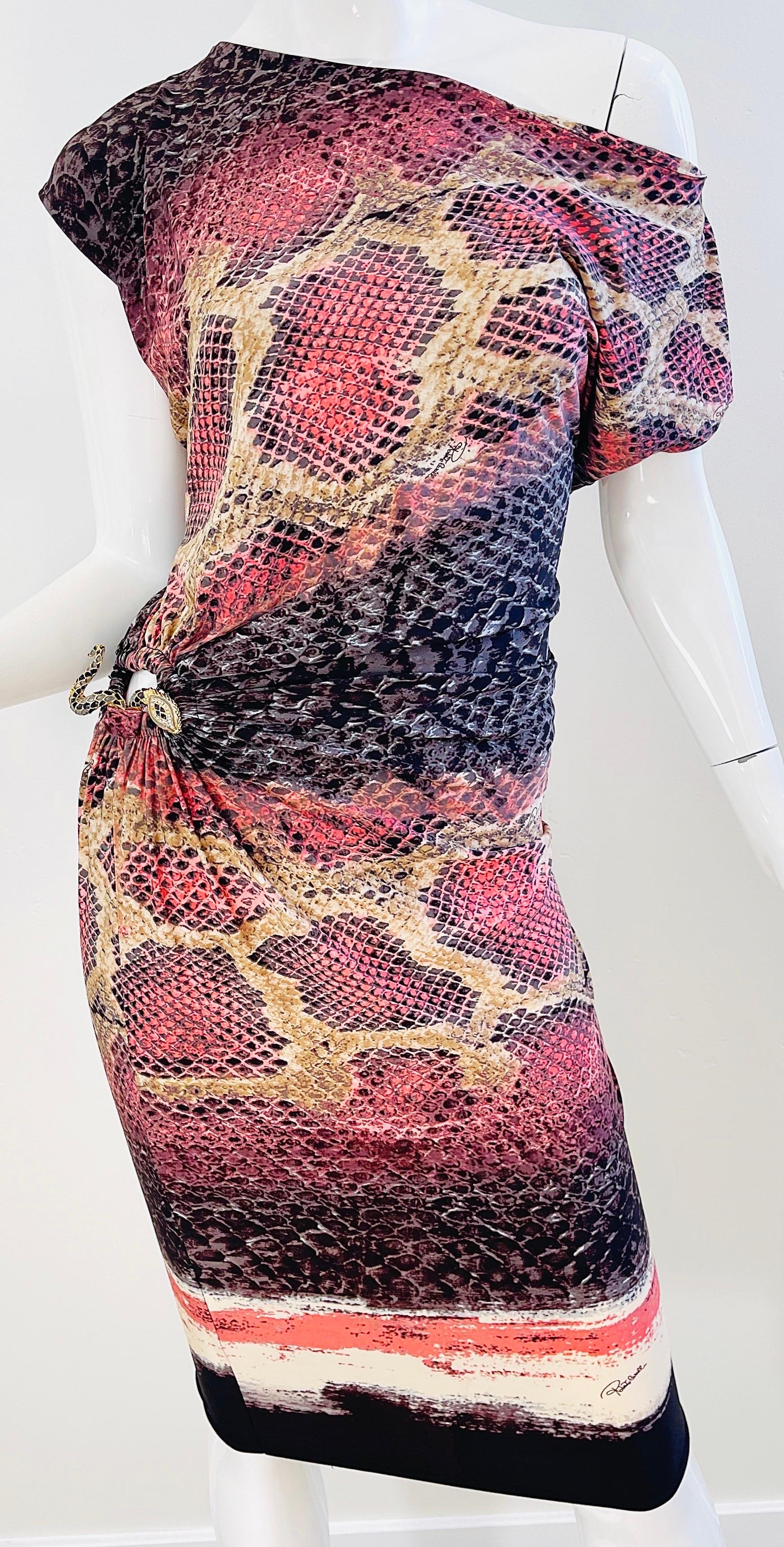 Roberto Cavalli Early 2000s Pink Brown Snake Skin Animal Print Y2K Slinky Dress  For Sale 11