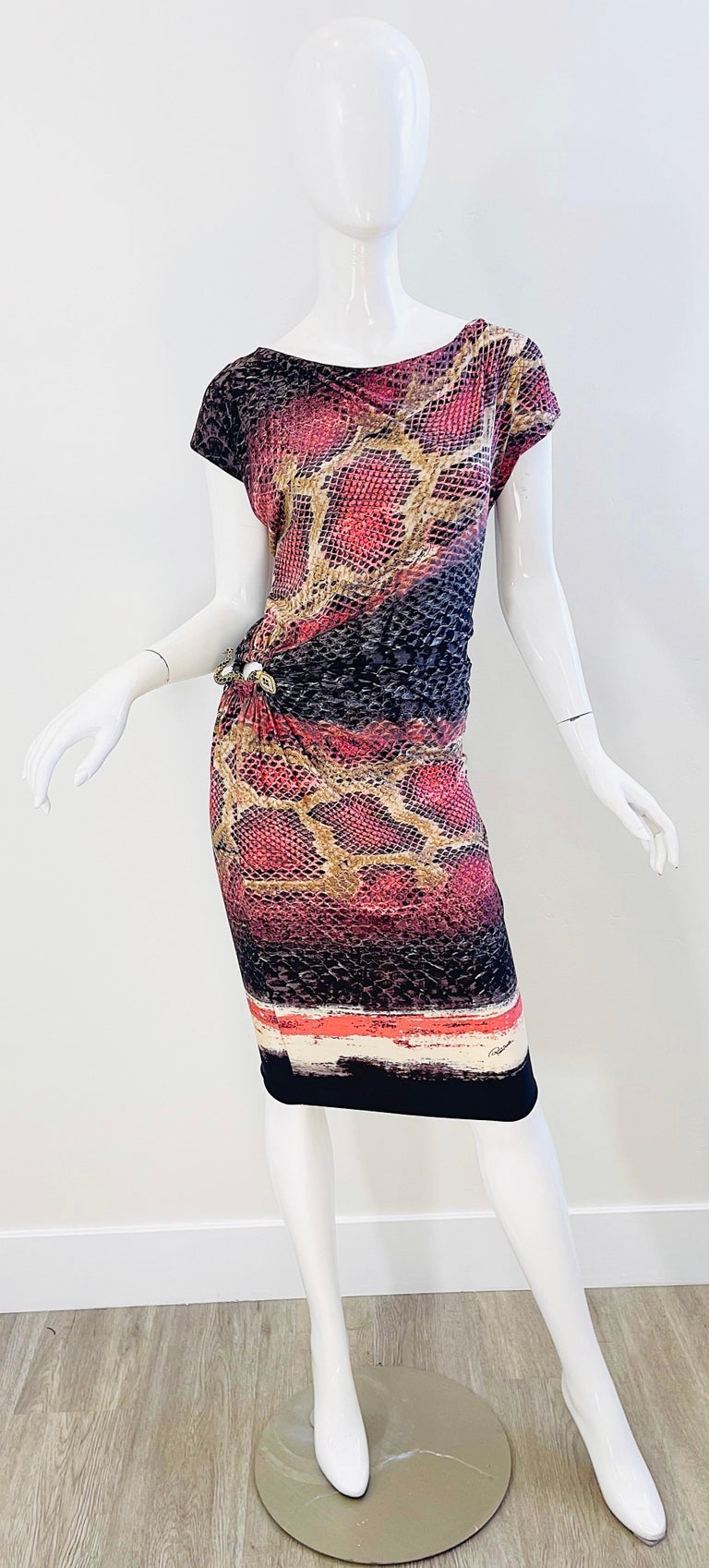 Women's Roberto Cavalli Early 2000s Pink Brown Snake Skin Animal Print Y2K Slinky Dress  For Sale