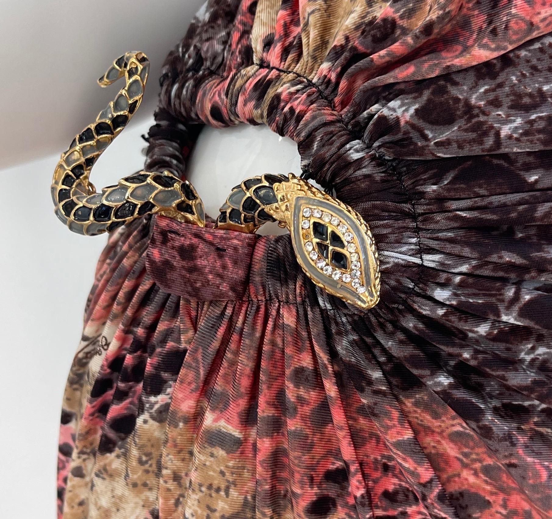 Roberto Cavalli Early 2000s Pink Brown Snake Skin Animal Print Y2K Slinky Dress In Excellent Condition For Sale In San Diego, CA