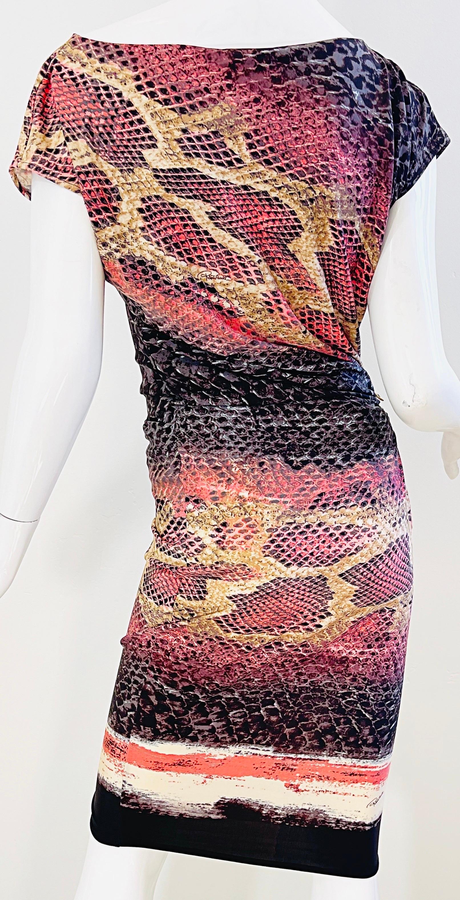 Women's Roberto Cavalli Early 2000s Pink Brown Snake Skin Animal Print Y2K Slinky Dress For Sale