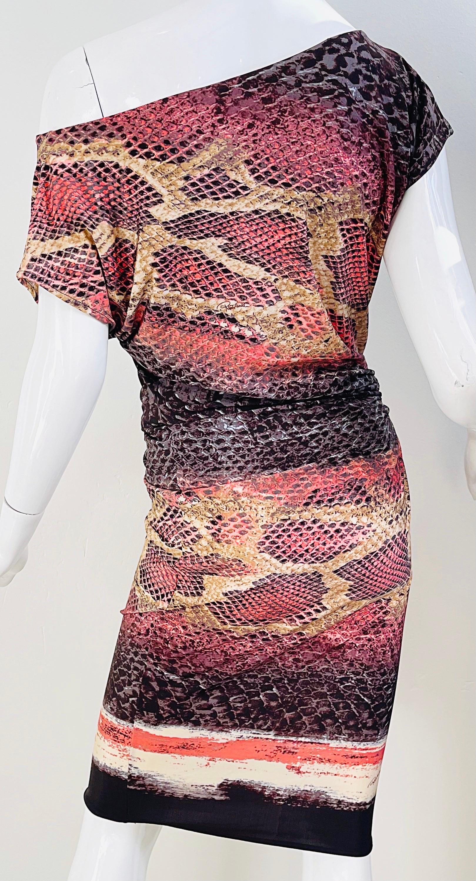 Roberto Cavalli Early 2000s Pink Brown Snake Skin Animal Print Y2K Slinky Dress  For Sale 2