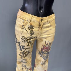 Roberto Cavalli Early 2000s Yellow Tattoo Print Jeans with Tiger, Sacred Heart