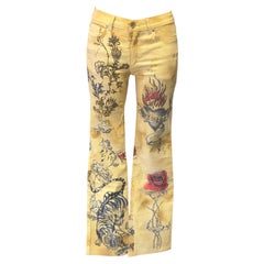 Roberto Cavalli Early 2000s Yellow Tattoo Print Jeans with Tiger, Sacred Heart
