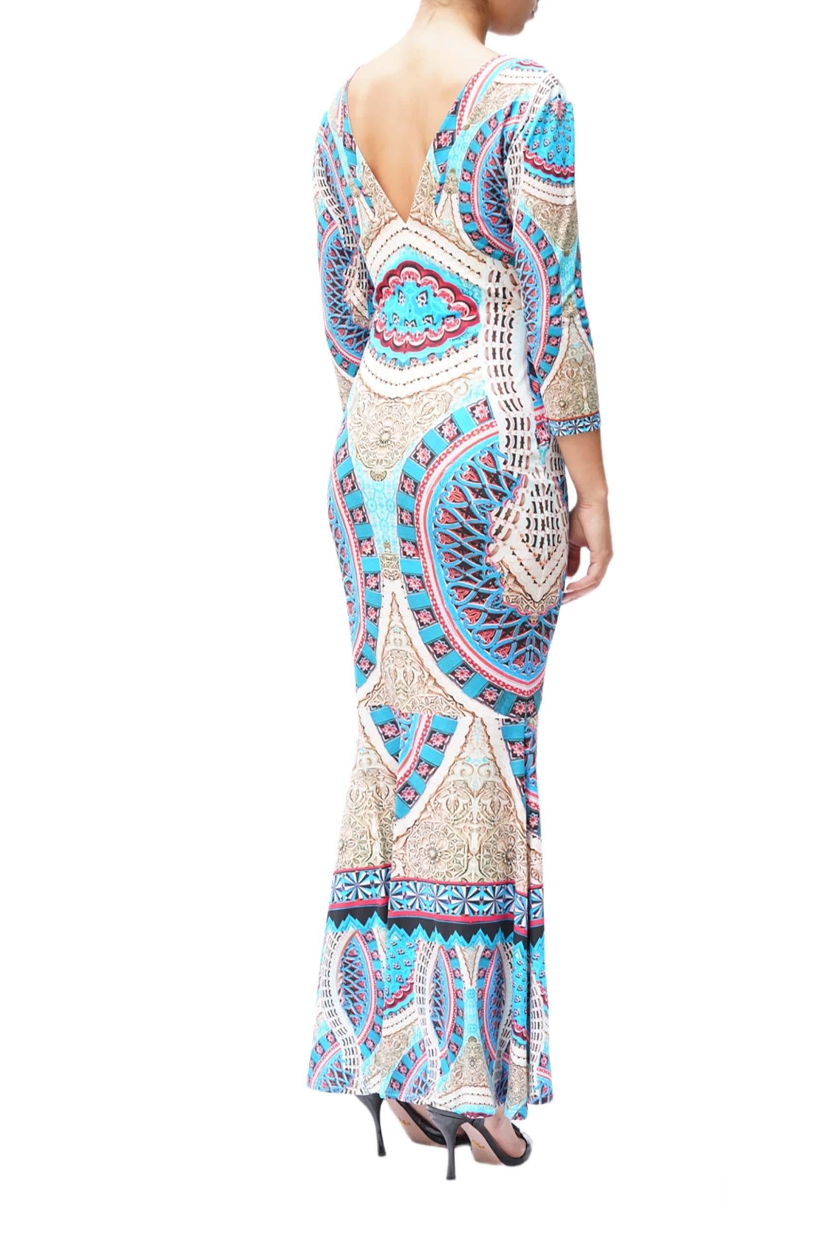 ROBERTO CAVALLI Electric Blue V Neck Kaleidoscope Pattern Long Dress In Excellent Condition For Sale In New York, NY