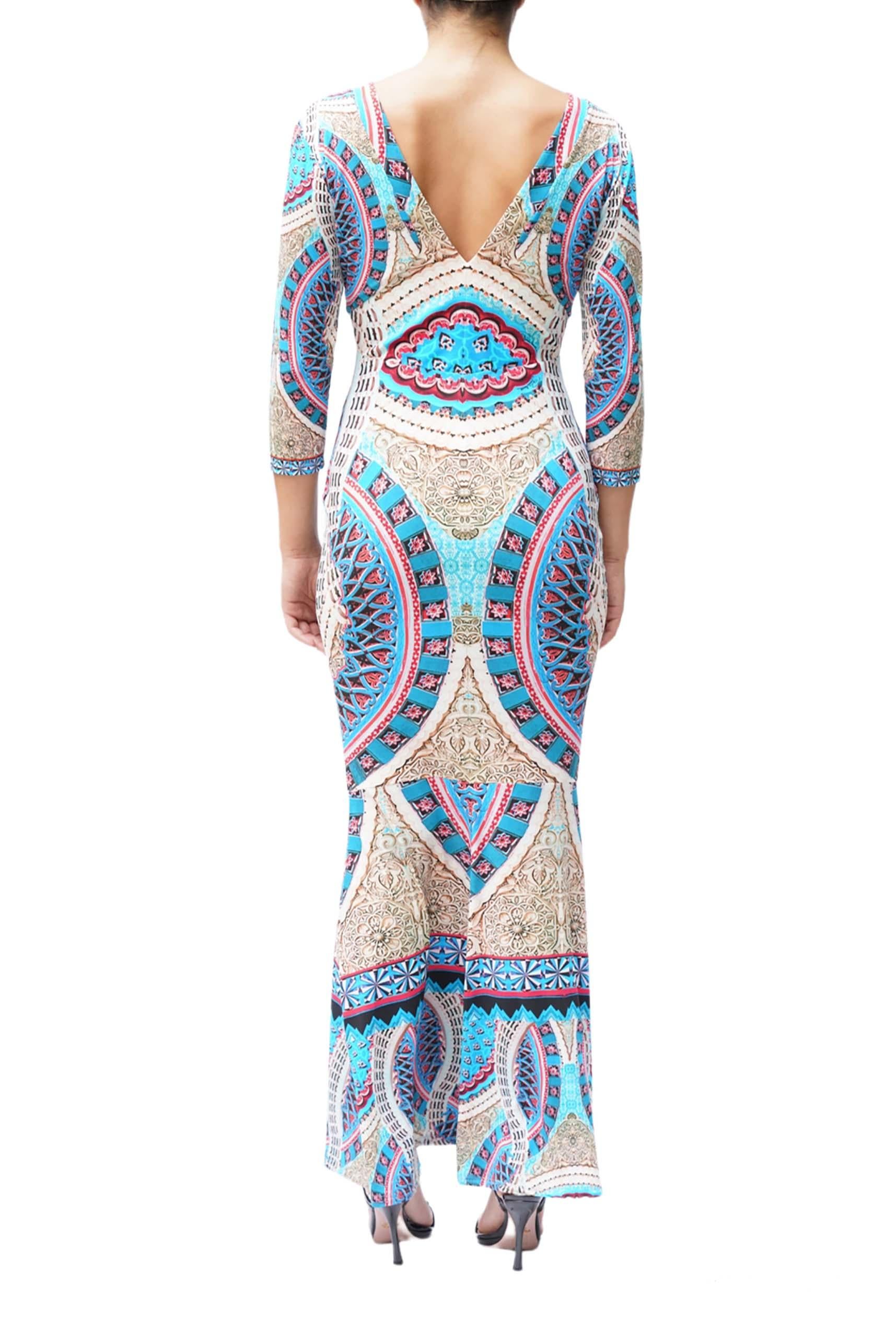 Women's ROBERTO CAVALLI Electric Blue V Neck Kaleidoscope Pattern Long Dress For Sale