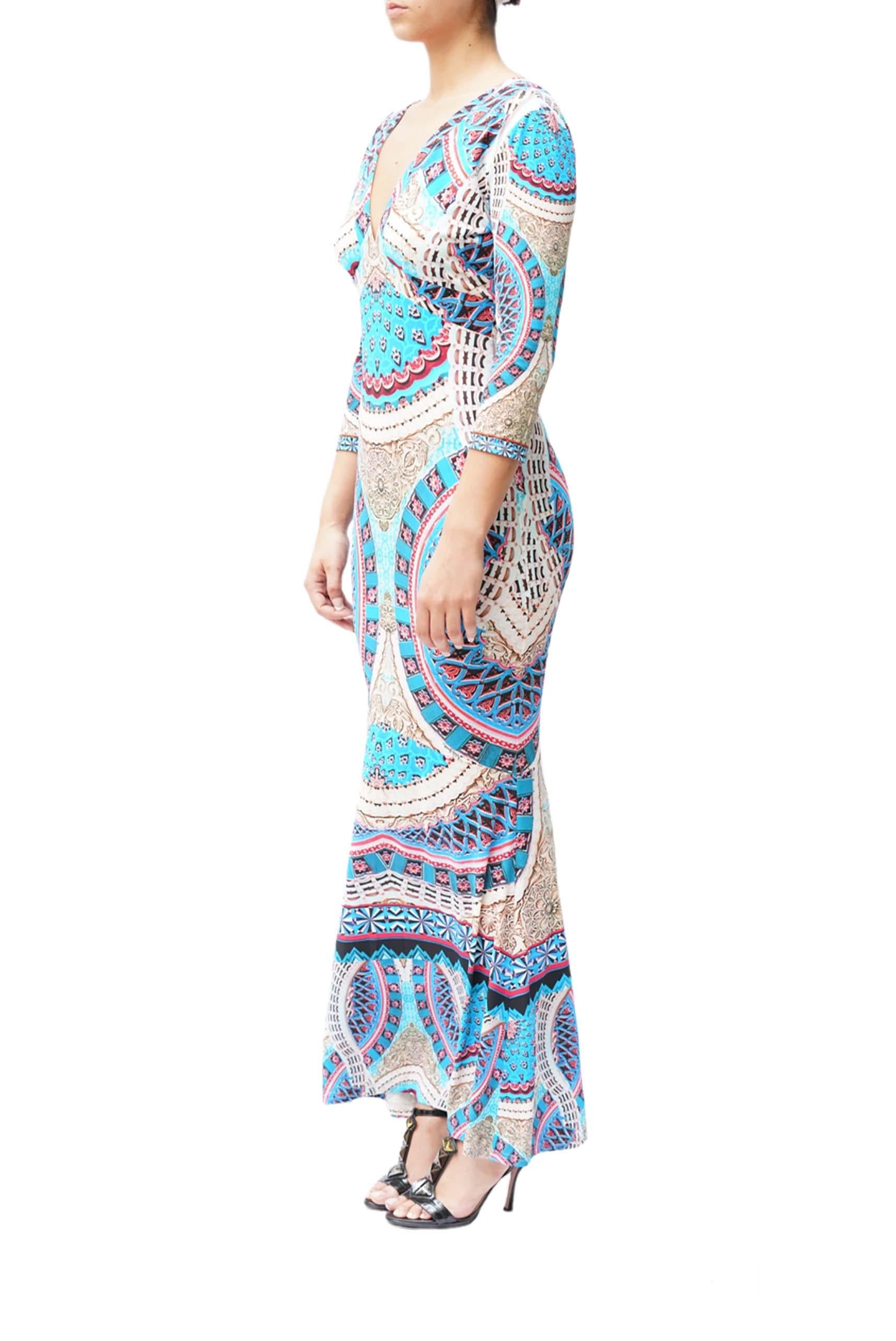 ROBERTO CAVALLI Electric Blue V Neck Kaleidoscope Pattern Long Dress For Sale 1