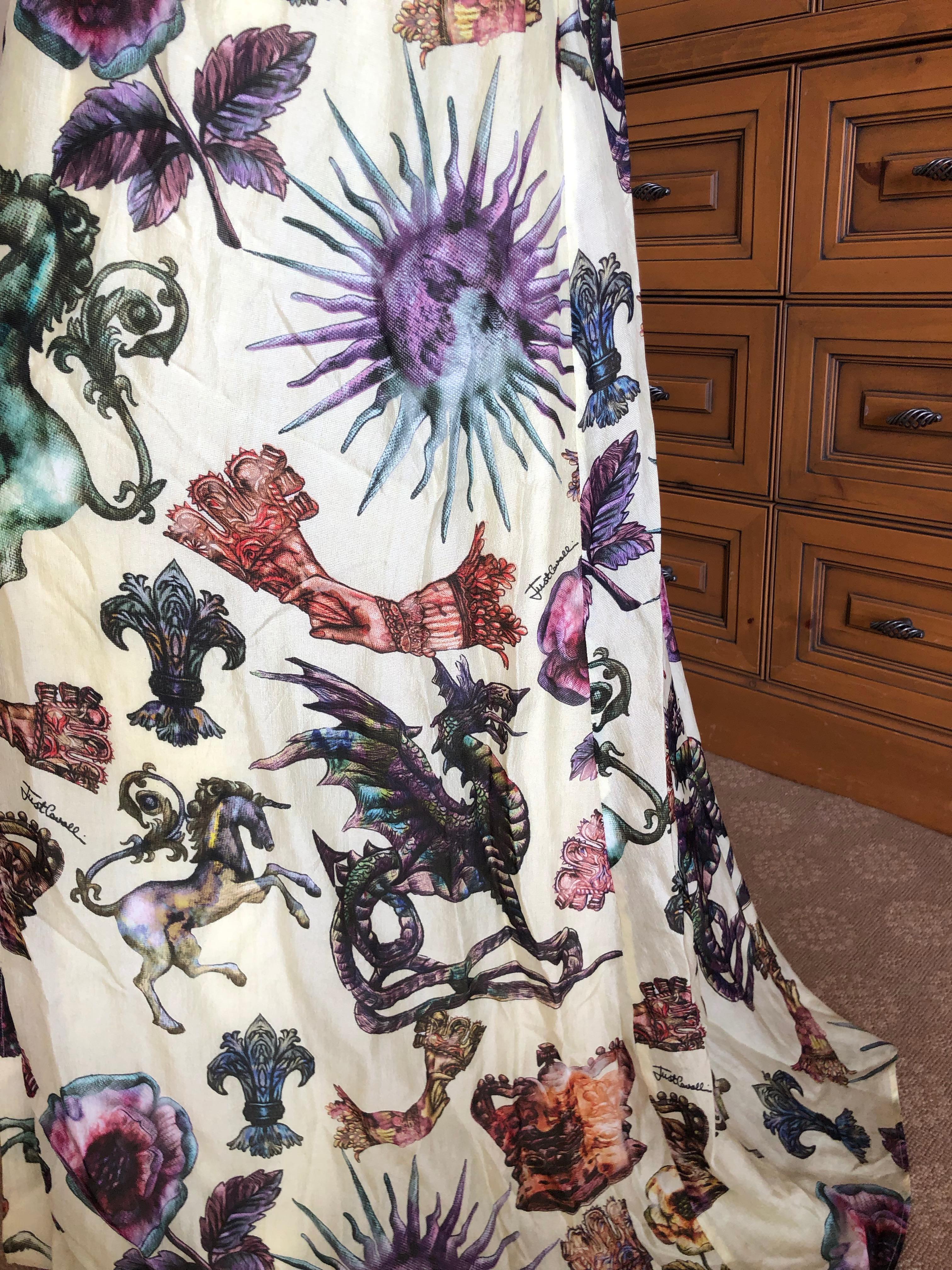 Roberto Cavalli Elegant Silk Dragon & Unicorn Print Dress for Just Cavalli Sz 46 For Sale 4