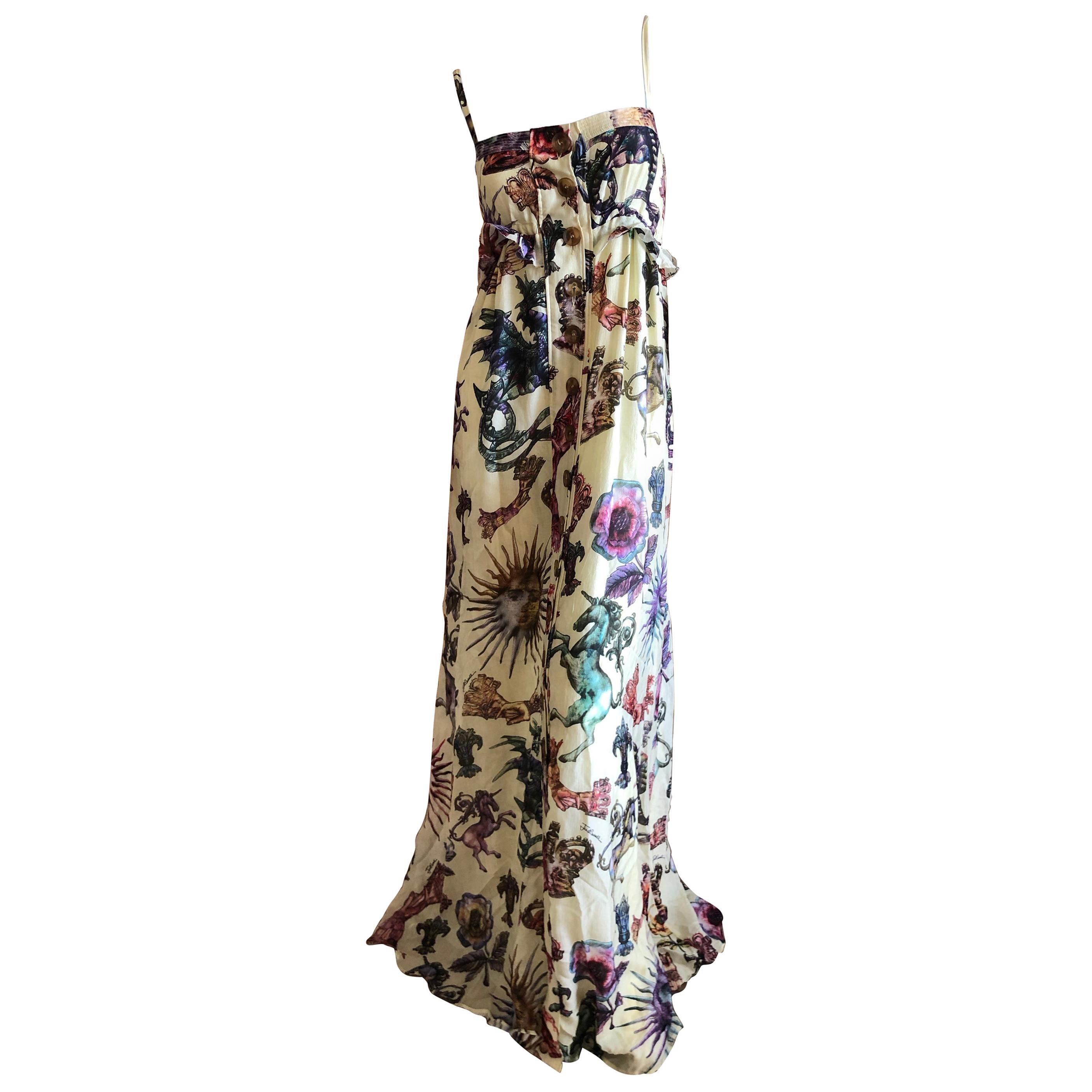 Roberto Cavalli Elegant Silk Dragon & Unicorn Print Dress for Just Cavalli Sz 46 For Sale