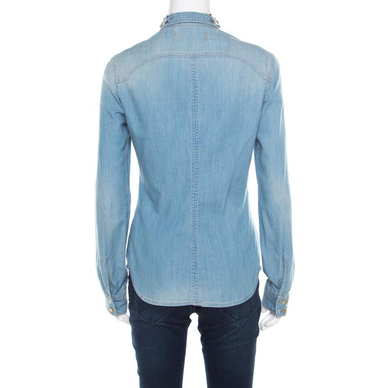 Blue Roberto Cavalli Embellished Faded Effect Denim Long Sleeve Shirt M
