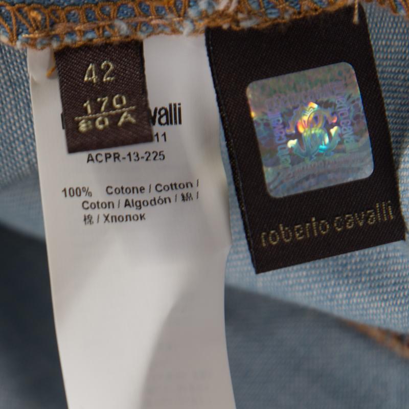 Roberto Cavalli Embellished Faded Effect Denim Long Sleeve Shirt M 1