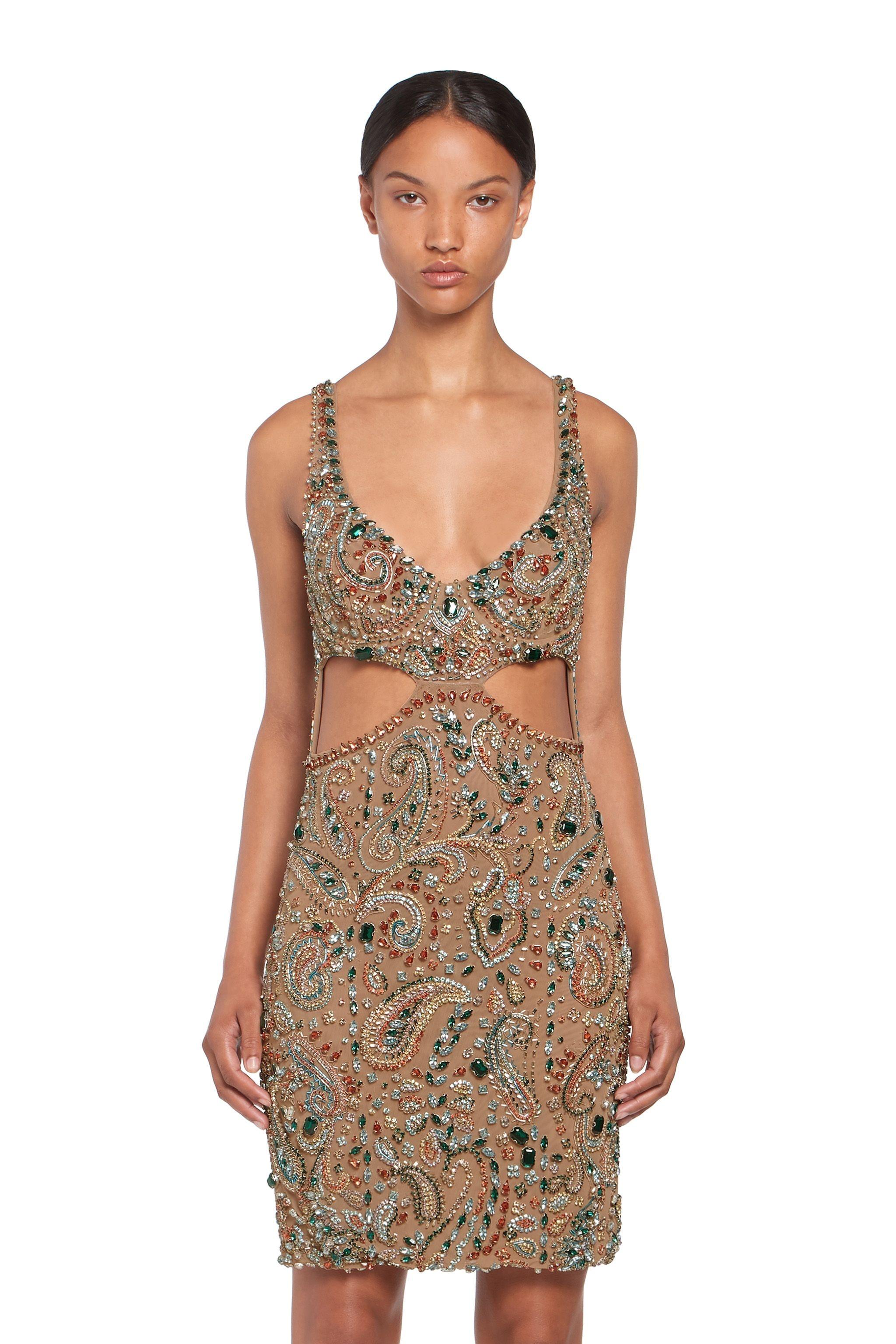 Roberto Cavalli Verschönertes mehrfarbiges Paisley-Cocktailkleid mit Ausschnitt Größe 40 (Braun) im Angebot
