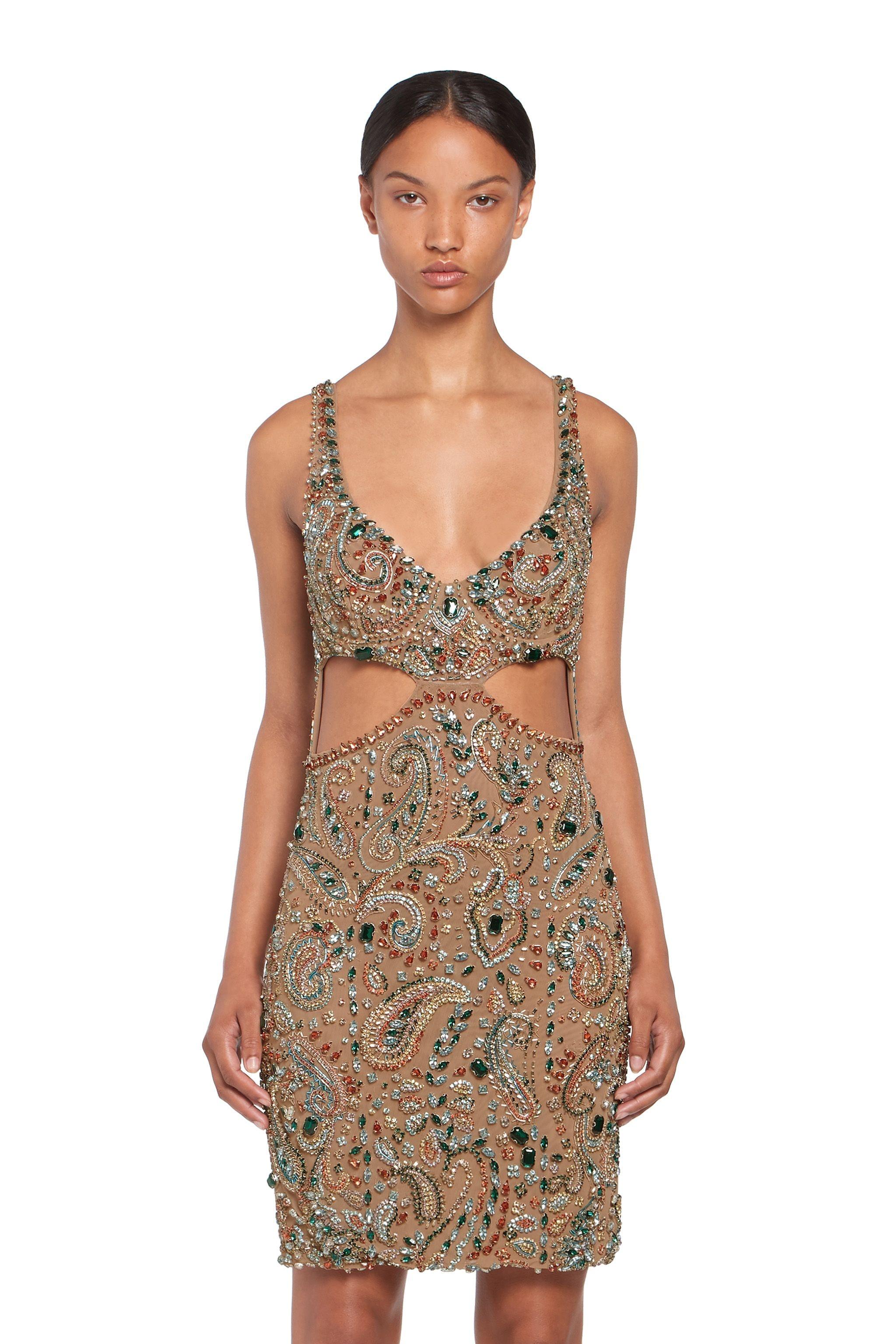 Brown Roberto Cavalli Embellished Multicolor Paisley Cut Out Cocktail Dress Size 40 For Sale