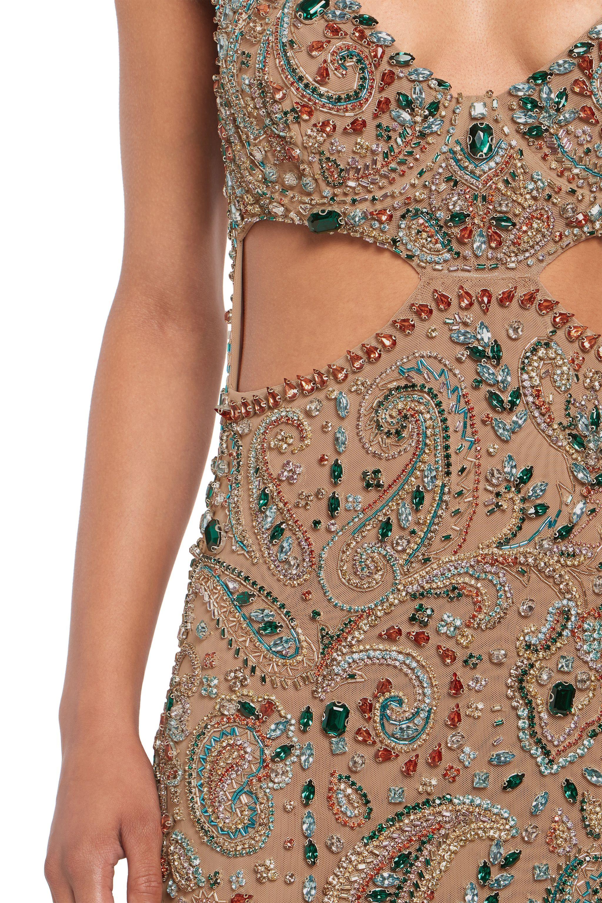 Roberto Cavalli verziertes mehrfarbiges Paisley-Cocktailkleid mit Ausschnitt, Größe 42 Damen im Angebot