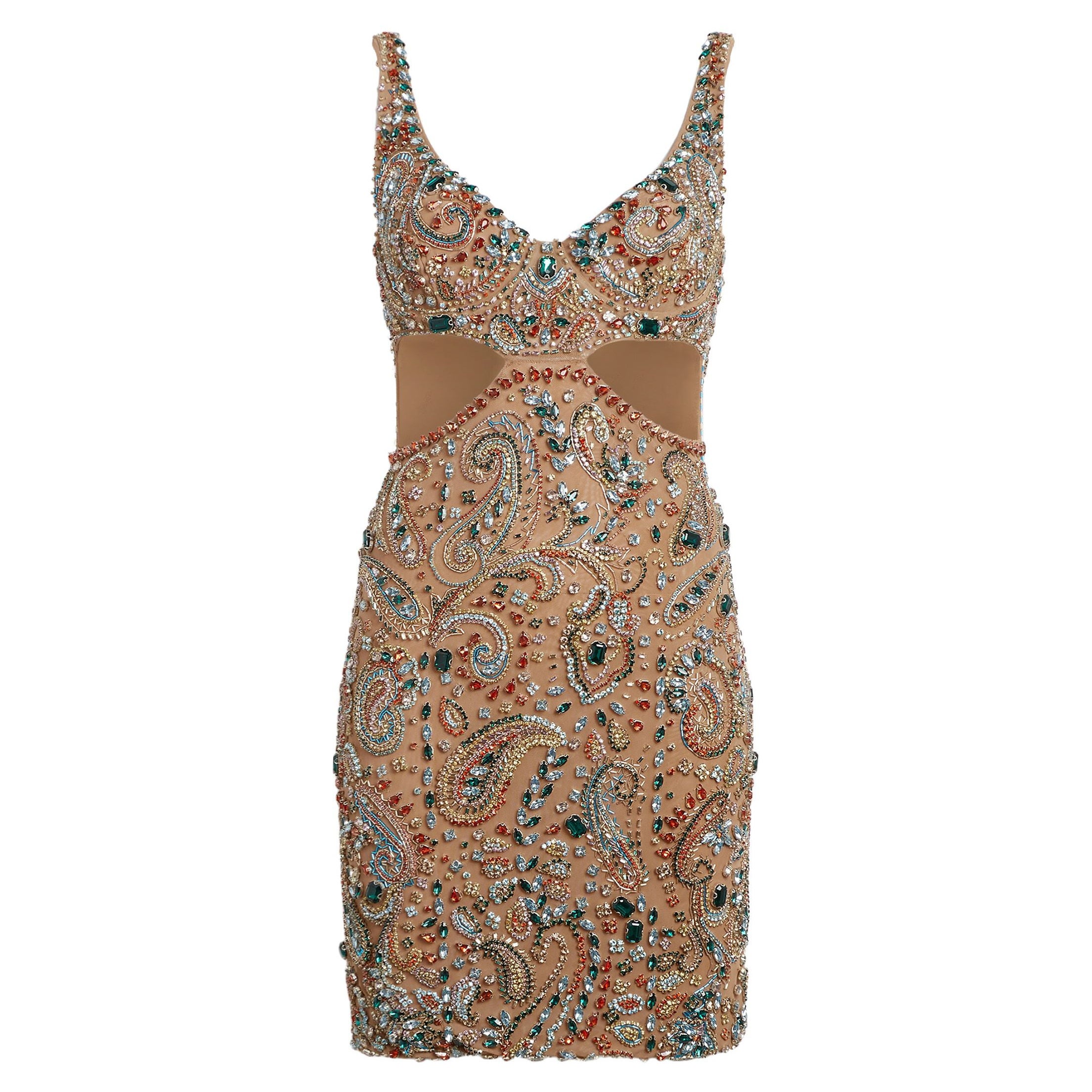 Roberto Cavalli verziertes mehrfarbiges Paisley-Cocktailkleid mit Ausschnitt, Größe 42