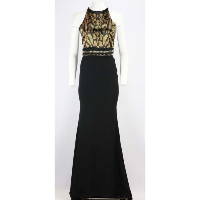 This gown by Roberto Cavalli is an eye catching piece that is intricately embellished with black and gold embellishment detail in a leopard-print with halter neckline and long train. Black acetate-blend. Hook, eye and zip fastening at back. 88%