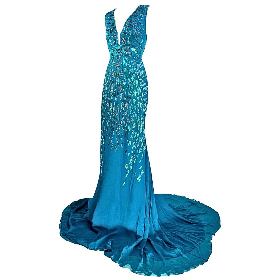 Bleu Robe du soir en soie avec ornements Roberto Cavalli Printemps/Été 2011 Taille 40IT en vente