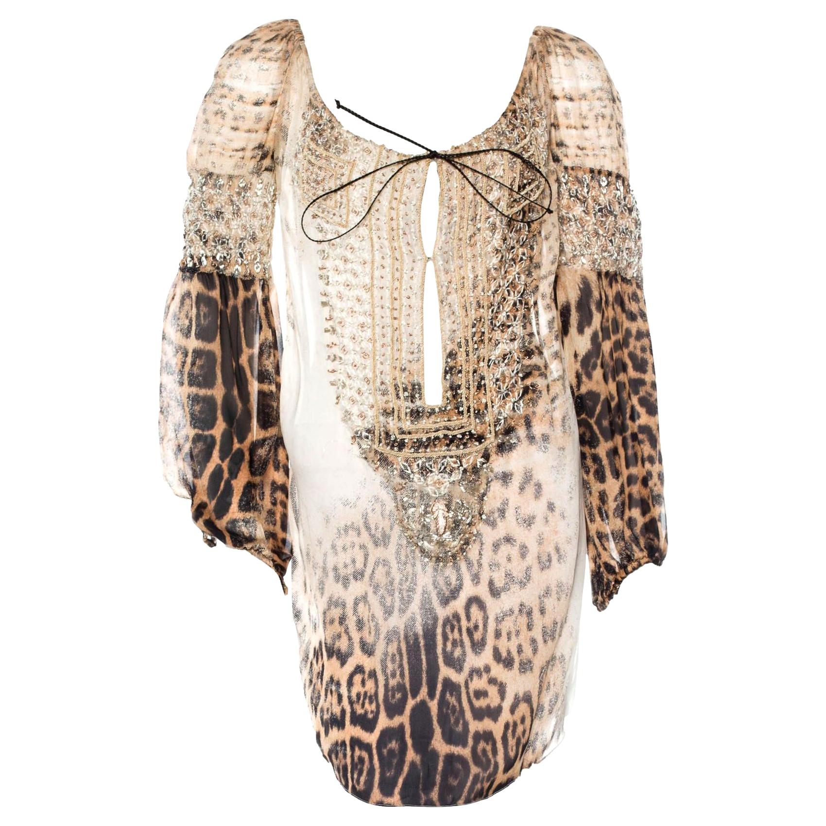 Roberto Cavalli Embroidered Cheetah Lace Up Silk Dress Tunic as seen on JLO XS