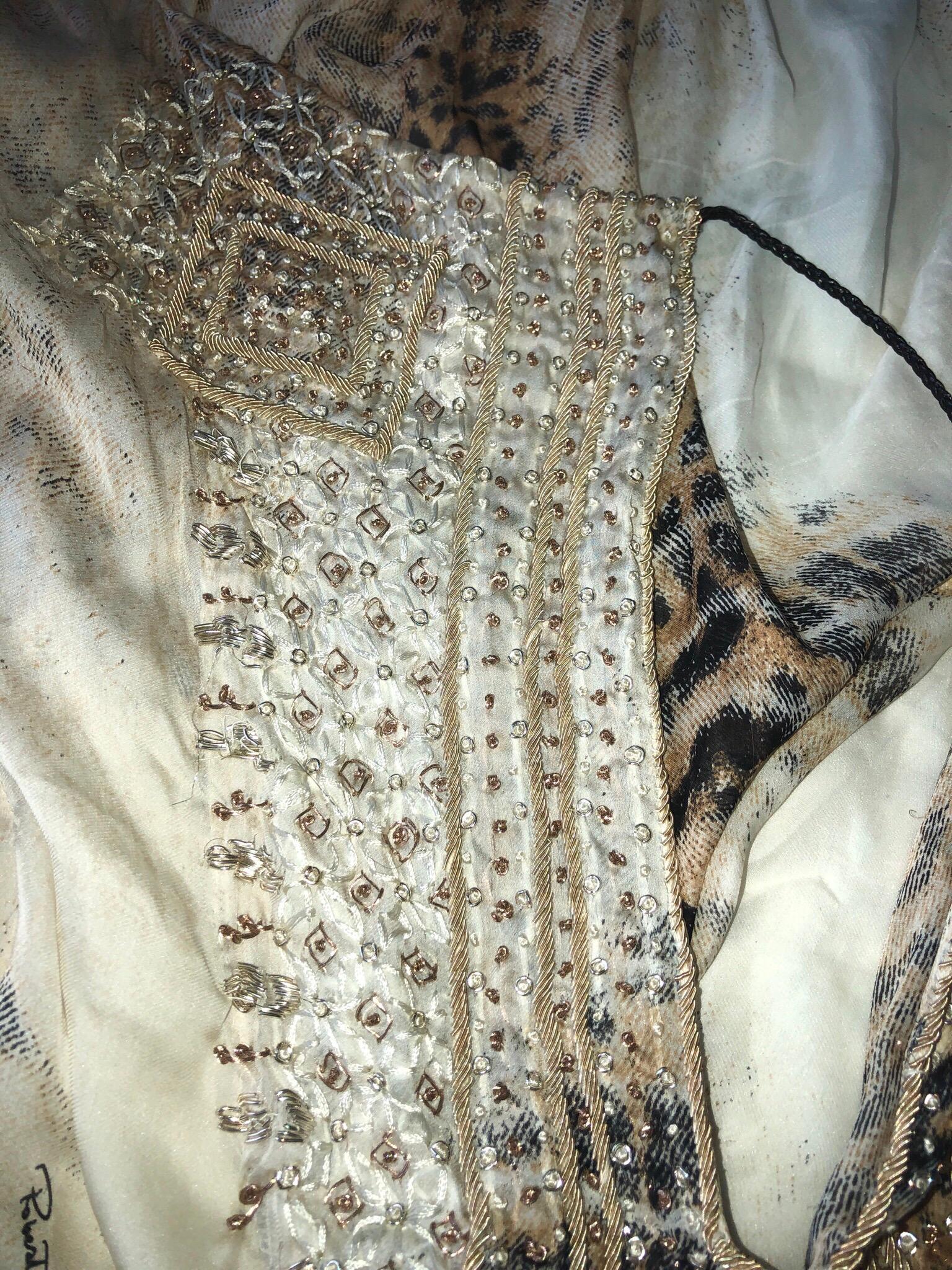 ROBERTO CAVALLI Tunica ricamata Y2K Cheetah Lace Up Silk Dress vista su JLO XS In condizioni buone in vendita a Switzerland, CH