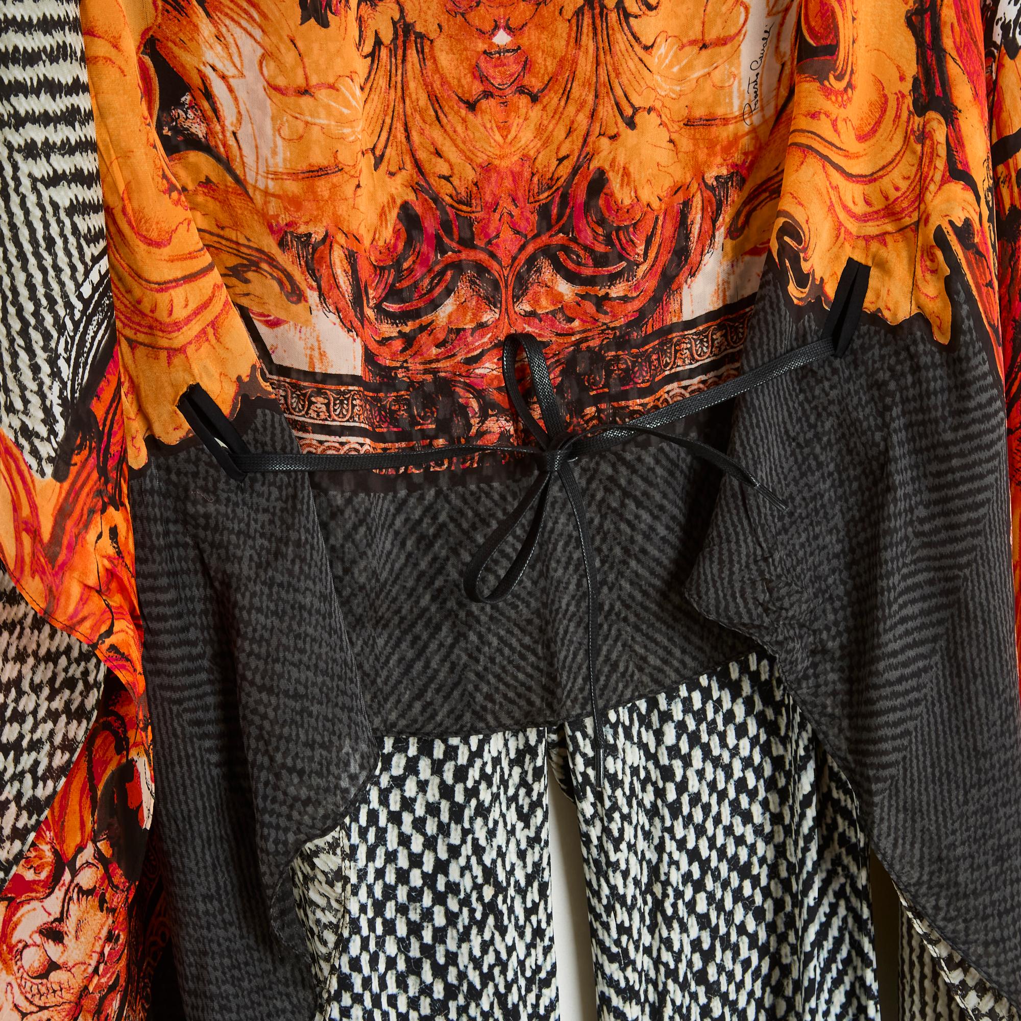 Brown Roberto Cavalli Ensemble FR38 Top Blouse Pants Silk Fire Print UK10 US8 For Sale