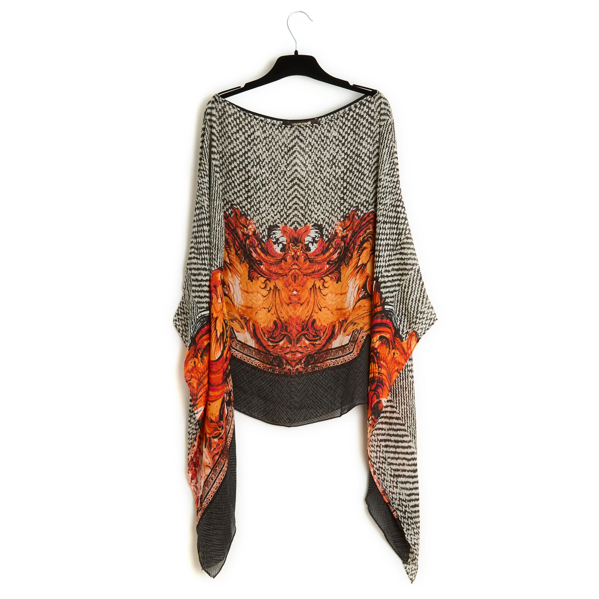 Women's or Men's Roberto Cavalli Ensemble FR38 Top Blouse Pants Silk Fire Print UK10 US8 For Sale