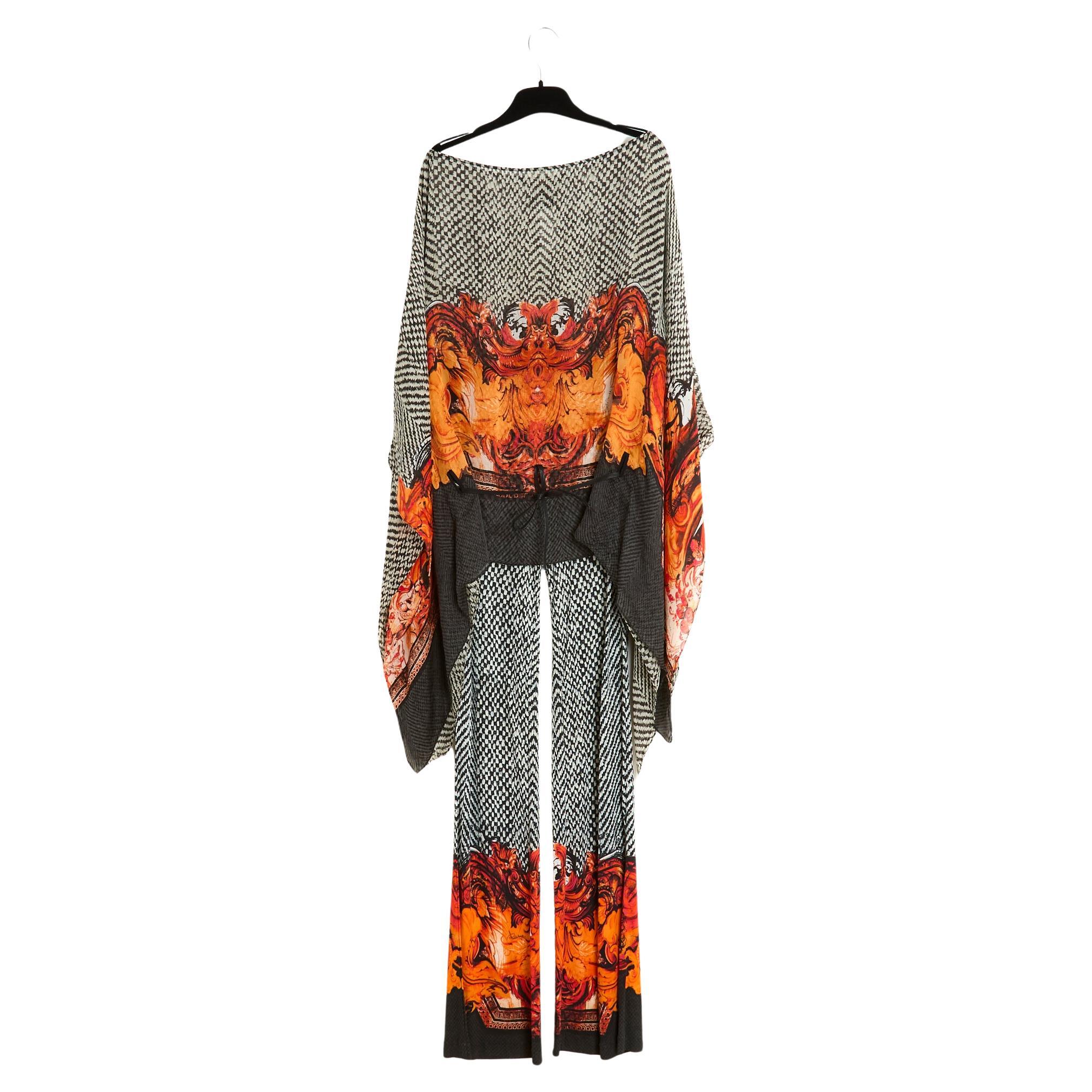 Roberto Cavalli Ensemble FR38 Top Blouse Pants Silk Fire Print UK10 US8 For Sale