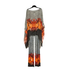 Roberto Cavalli Ensemble FR38 Top Blouse Pants Silk Fire Print UK10 US8