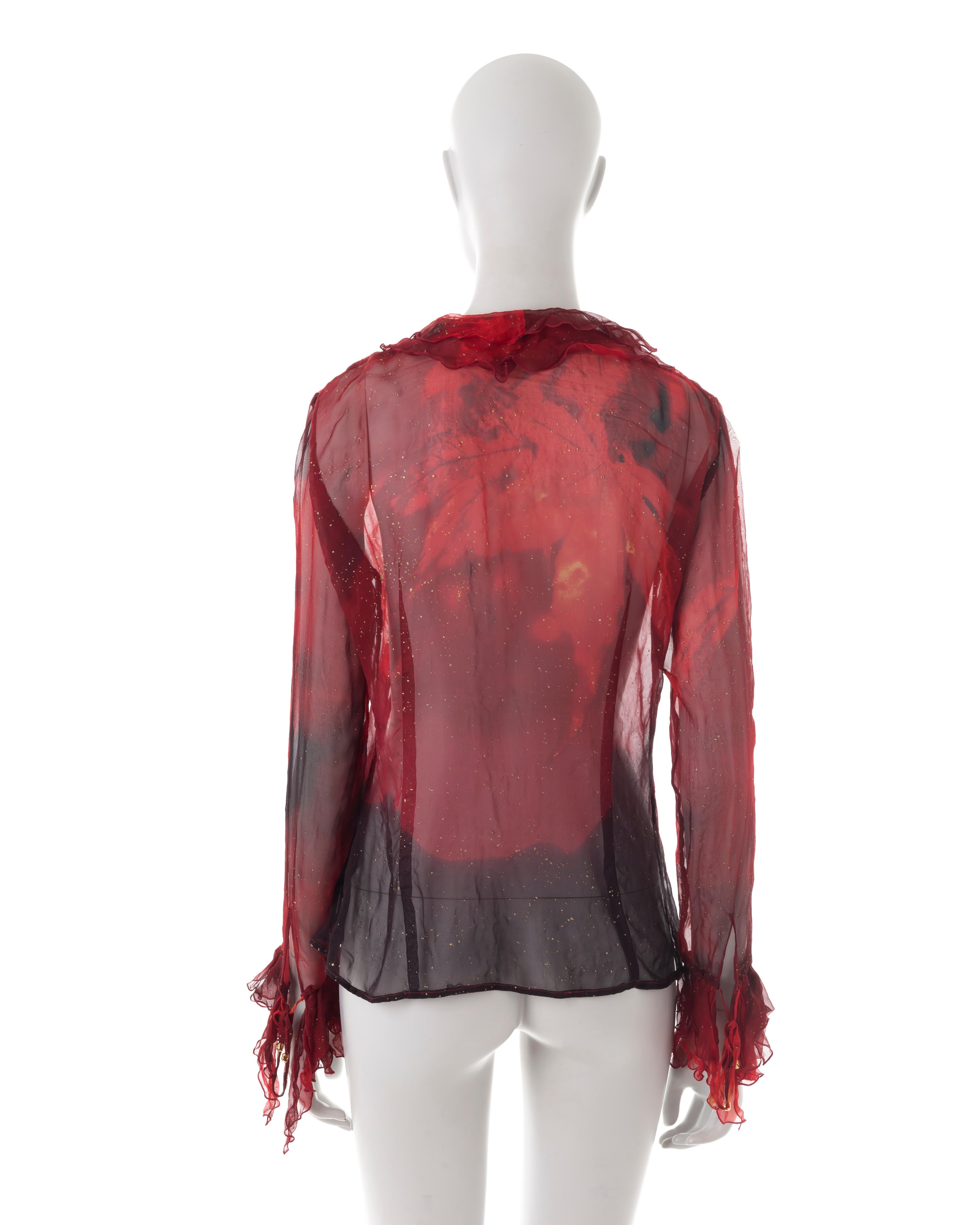 Roberto Cavalli F/W 1999 red leaf printed silk ruffled blouse In Excellent Condition For Sale In Rome, IT