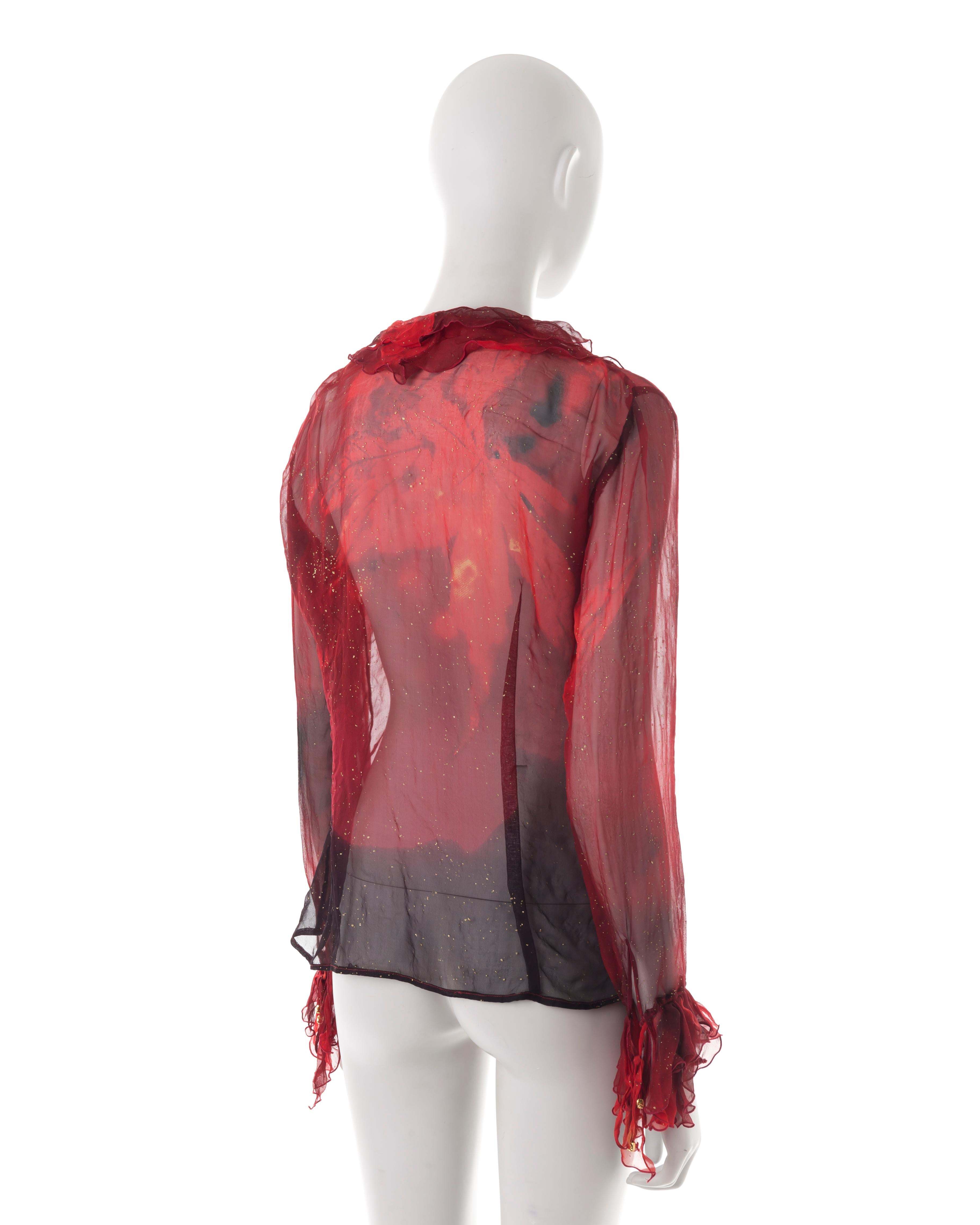 Women's or Men's Roberto Cavalli F/W 1999 red leaf printed silk ruffled blouse For Sale