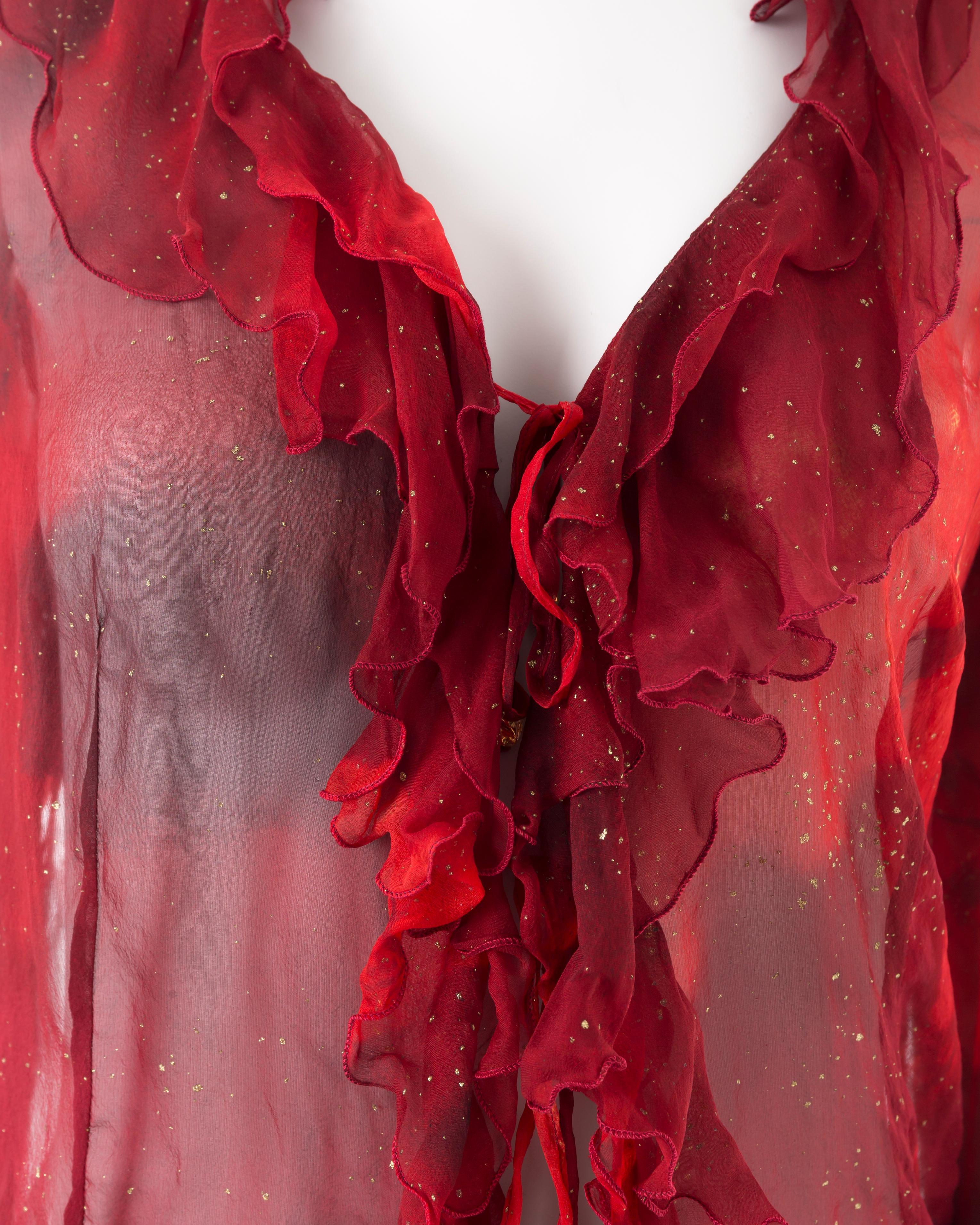 Roberto Cavalli F/W 1999 red leaf printed silk ruffled blouse For Sale 1