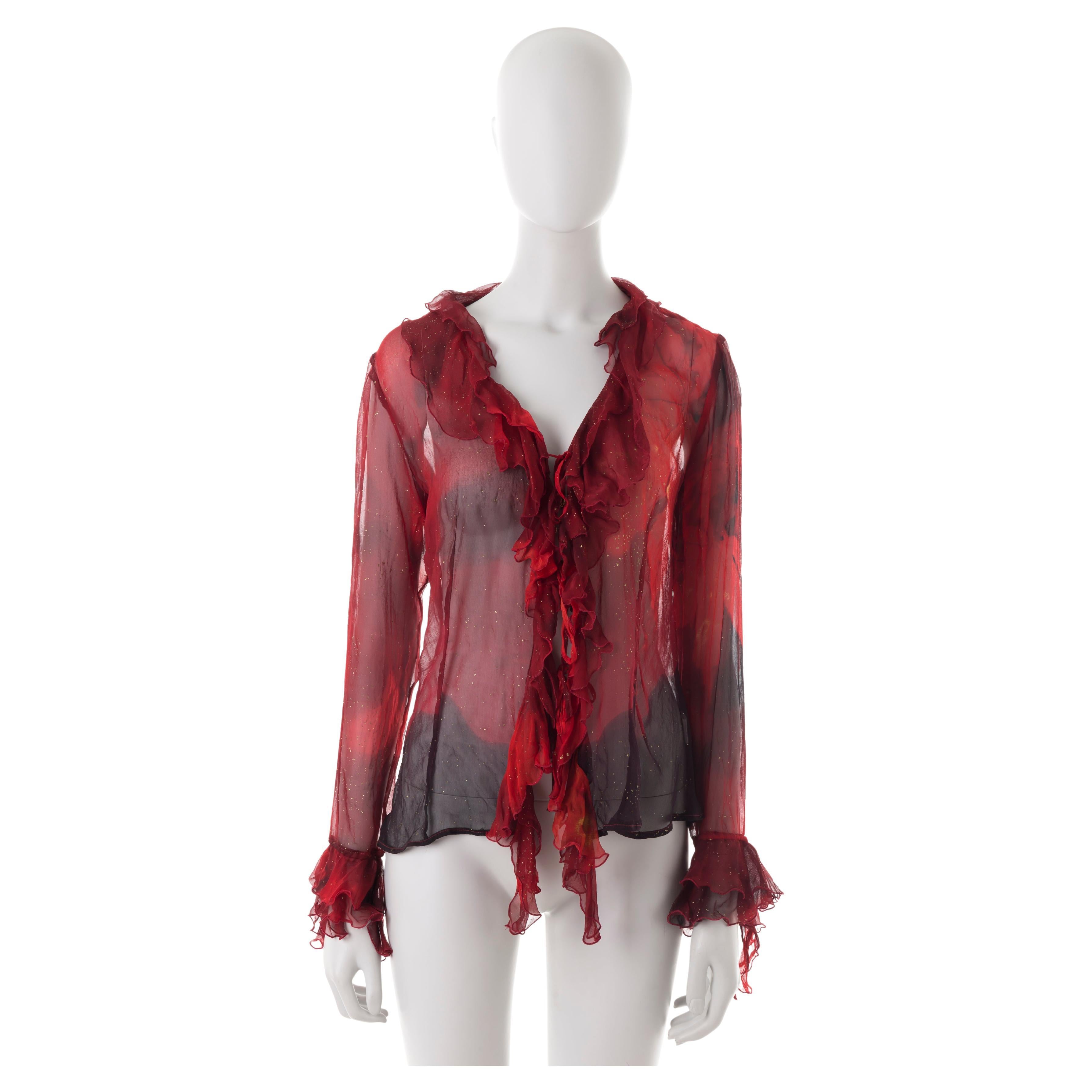 Roberto Cavalli F/W 1999 red leaf printed silk ruffled blouse For Sale