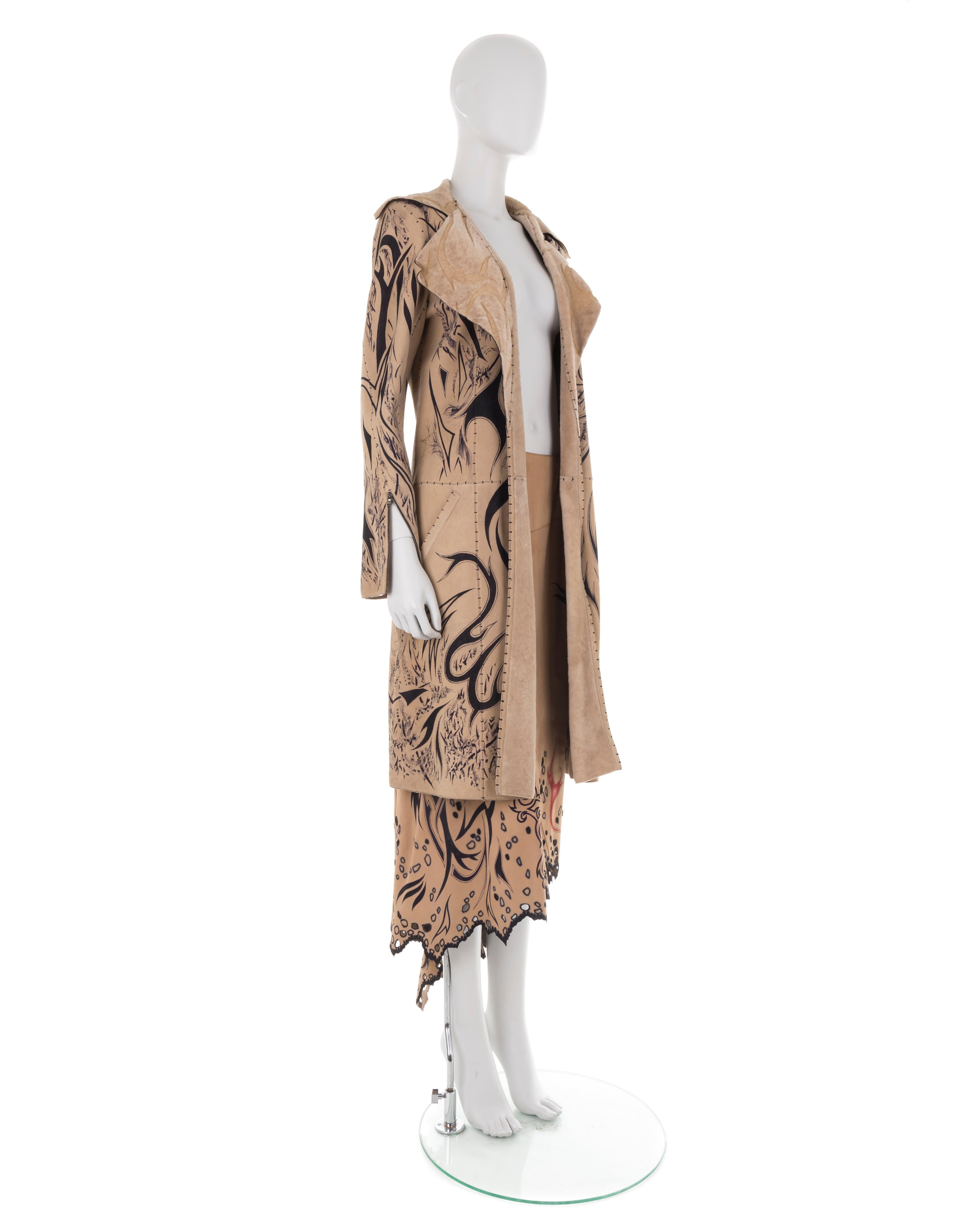 Brown Roberto Cavalli F/W 1999 runway sample hand-painted leather jacket and skirt set For Sale