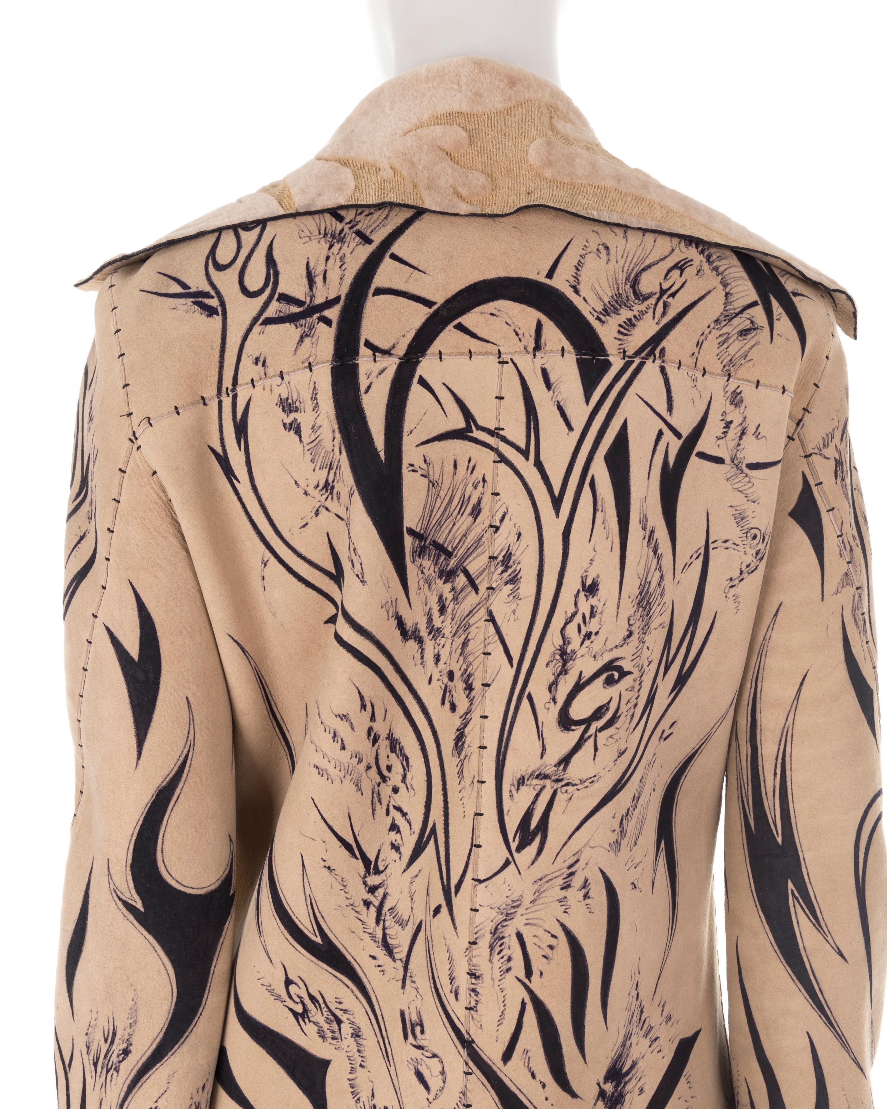 Roberto Cavalli F/W 1999 runway sample hand-painted leather jacket and skirt set For Sale 3
