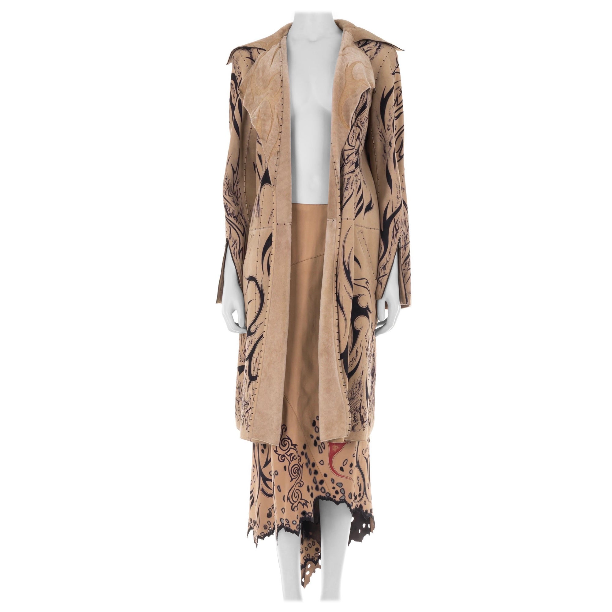 Roberto Cavalli F/W 1999 muestra de pasarela Conjunto de chaqueta y falda de piel pintada a mano en venta