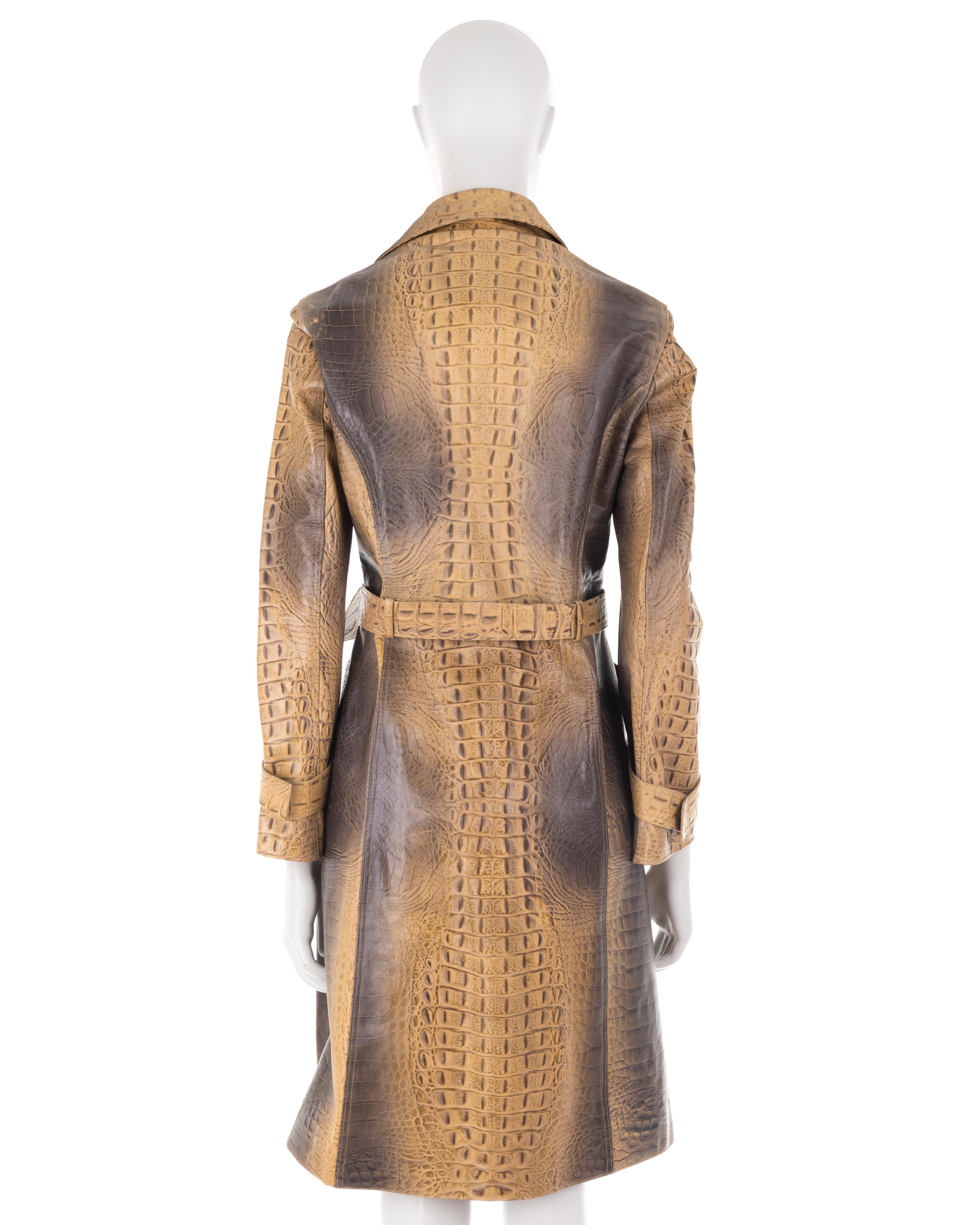 Brown Roberto Cavalli F/W 2000 croc embossed leather trench coat For Sale