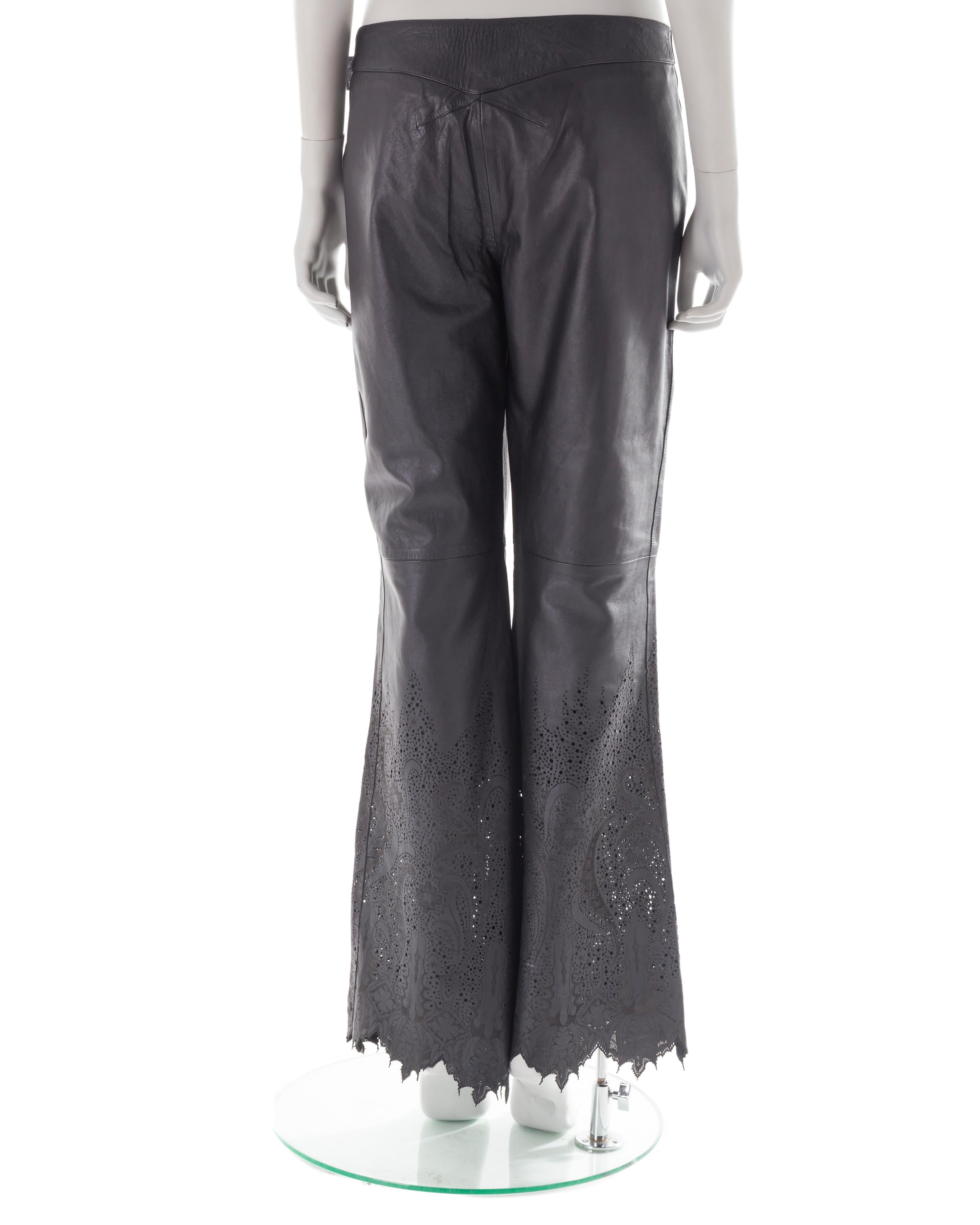 Black Roberto Cavalli F/W 2001 black leather laser cut pants For Sale