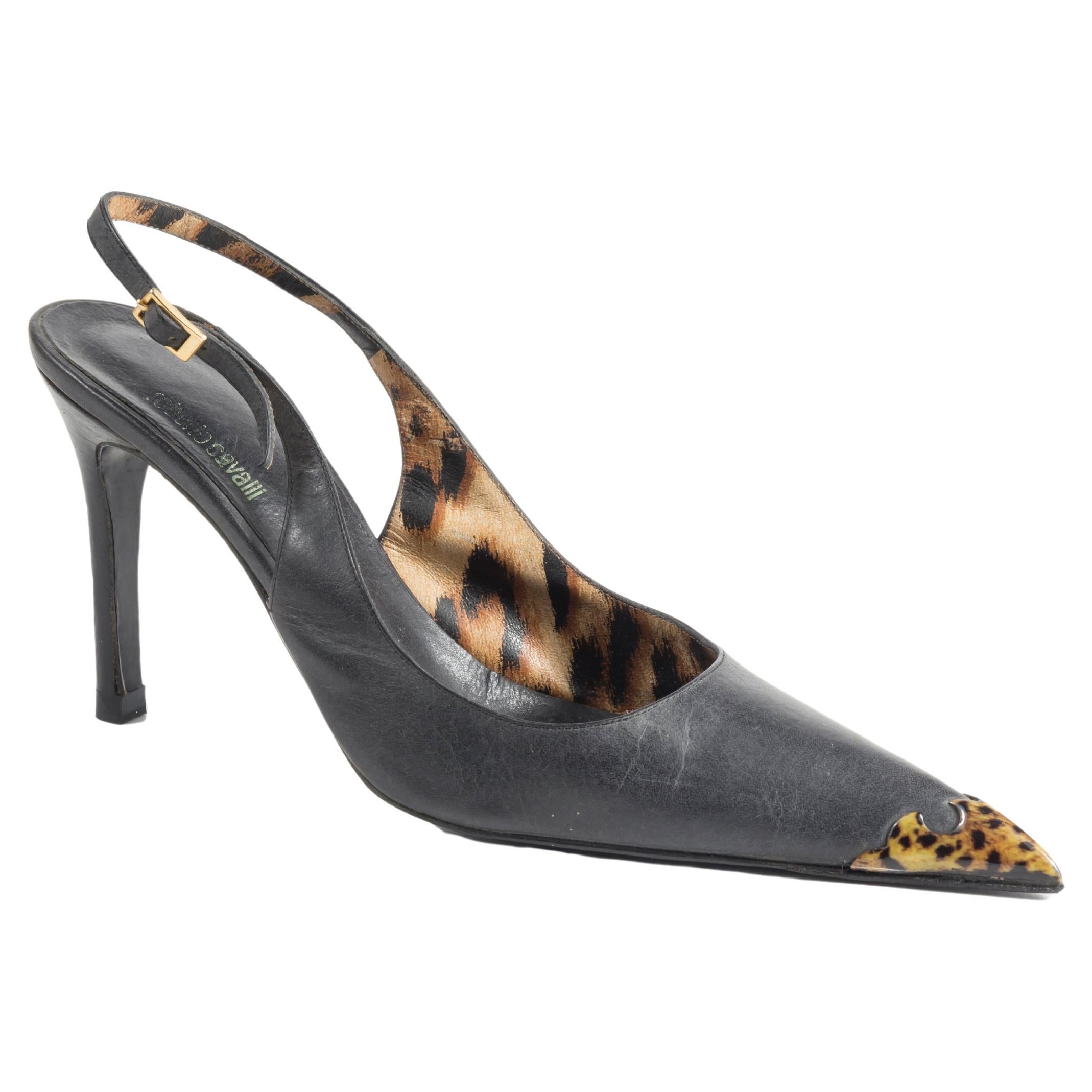 Roberto Cavalli F/W 2001 black slingbacks with cheetah toe For Sale