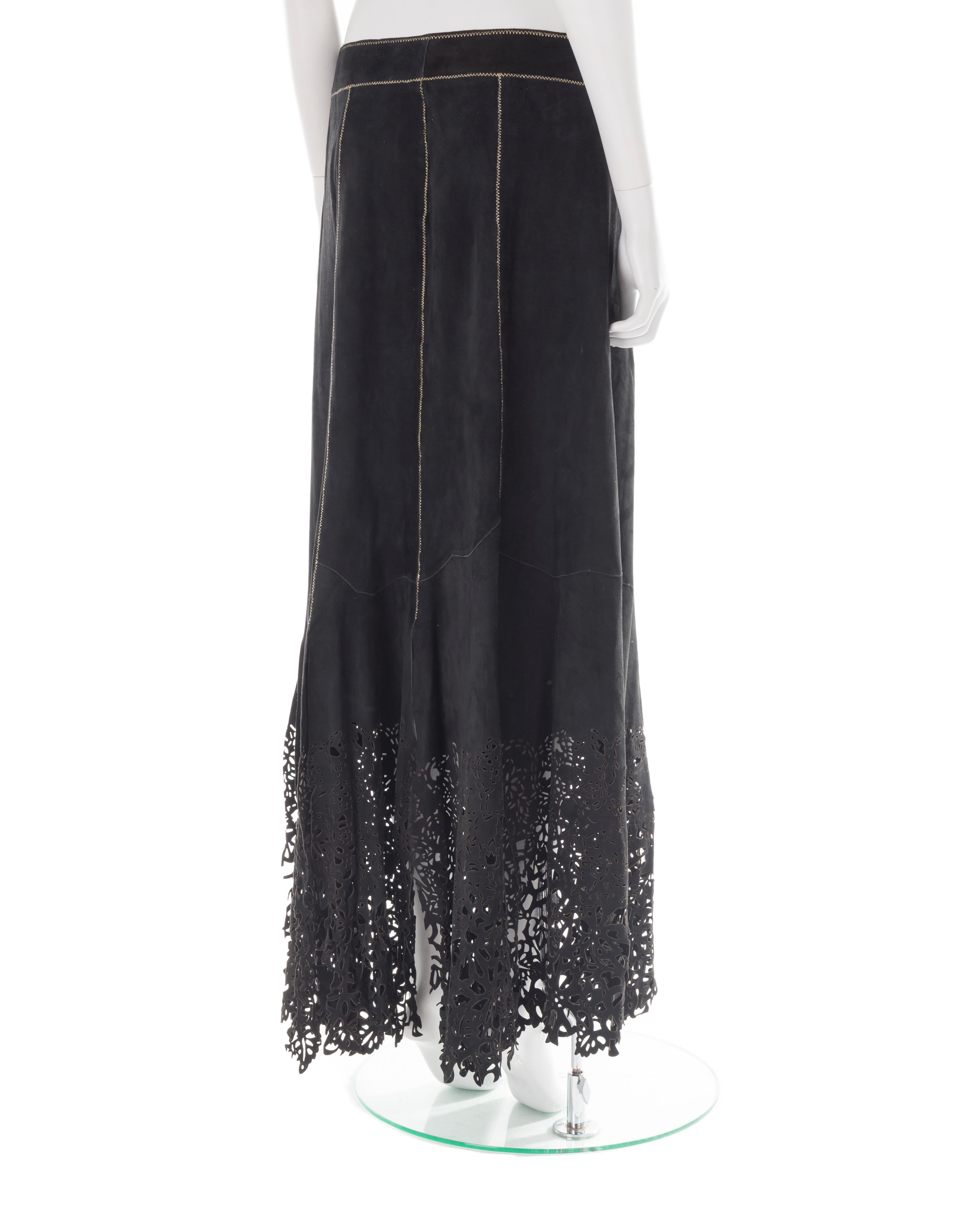 Roberto Cavalli F/W 1999 black suede laser-cut maxi skirt In Excellent Condition For Sale In Rome, IT